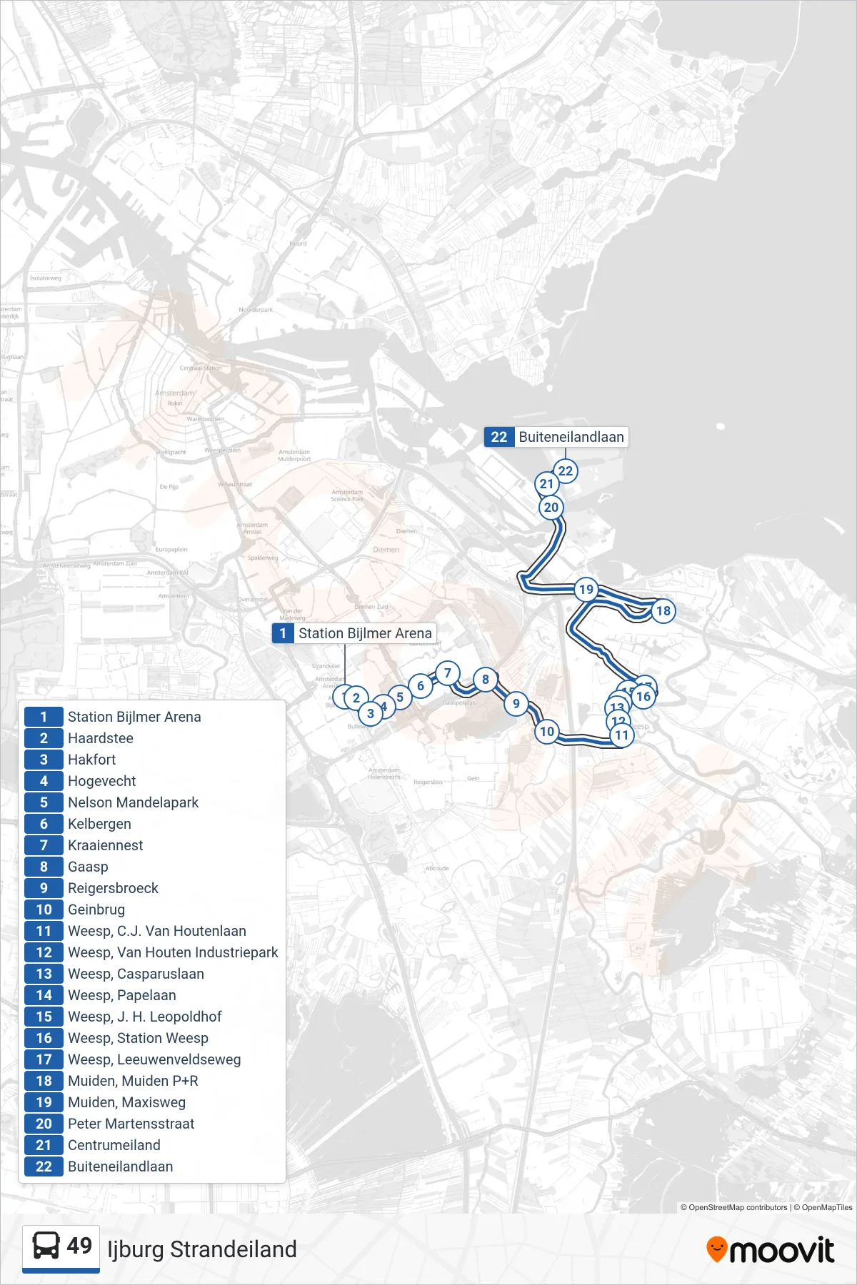 Lijn 49 (bus, Ijburg Strandeiland): route en haltes op de kaart