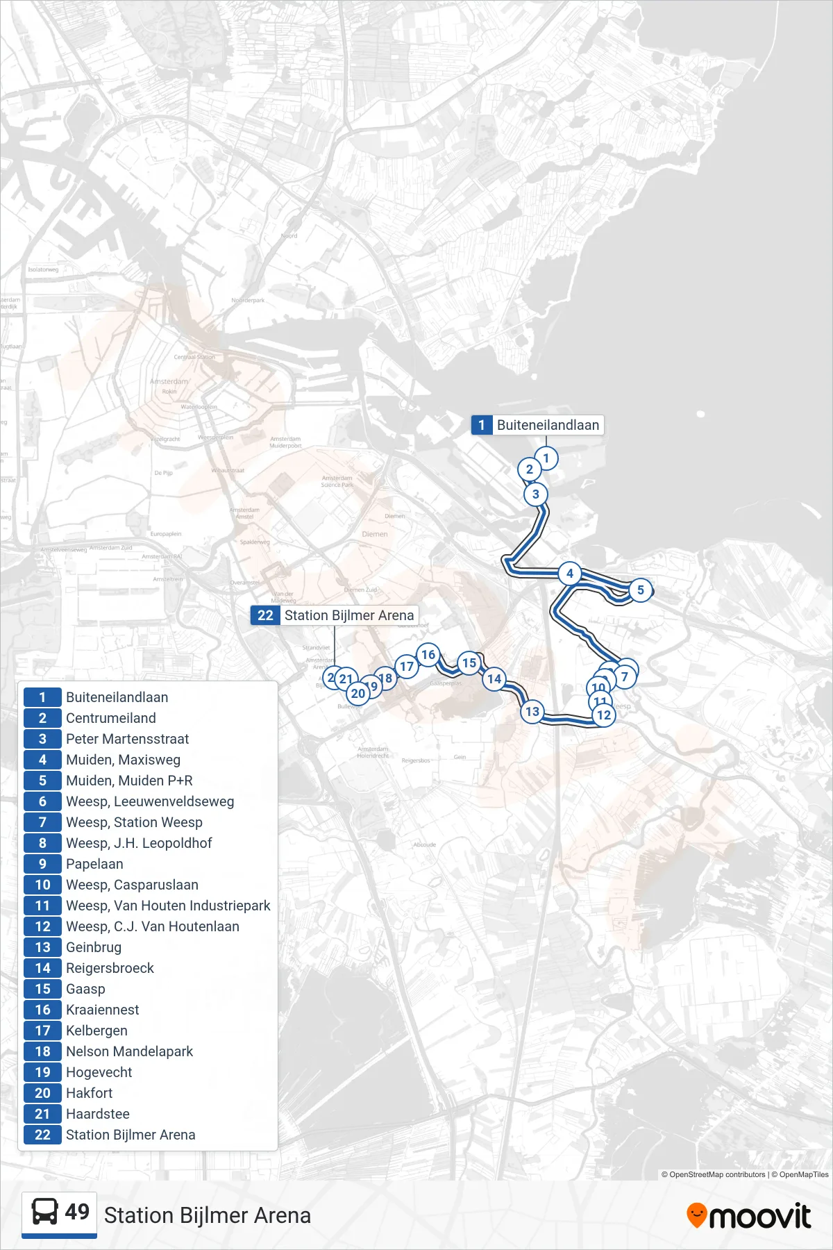 49 bus Line (Station Bijlmer Arena) route and stops on a map