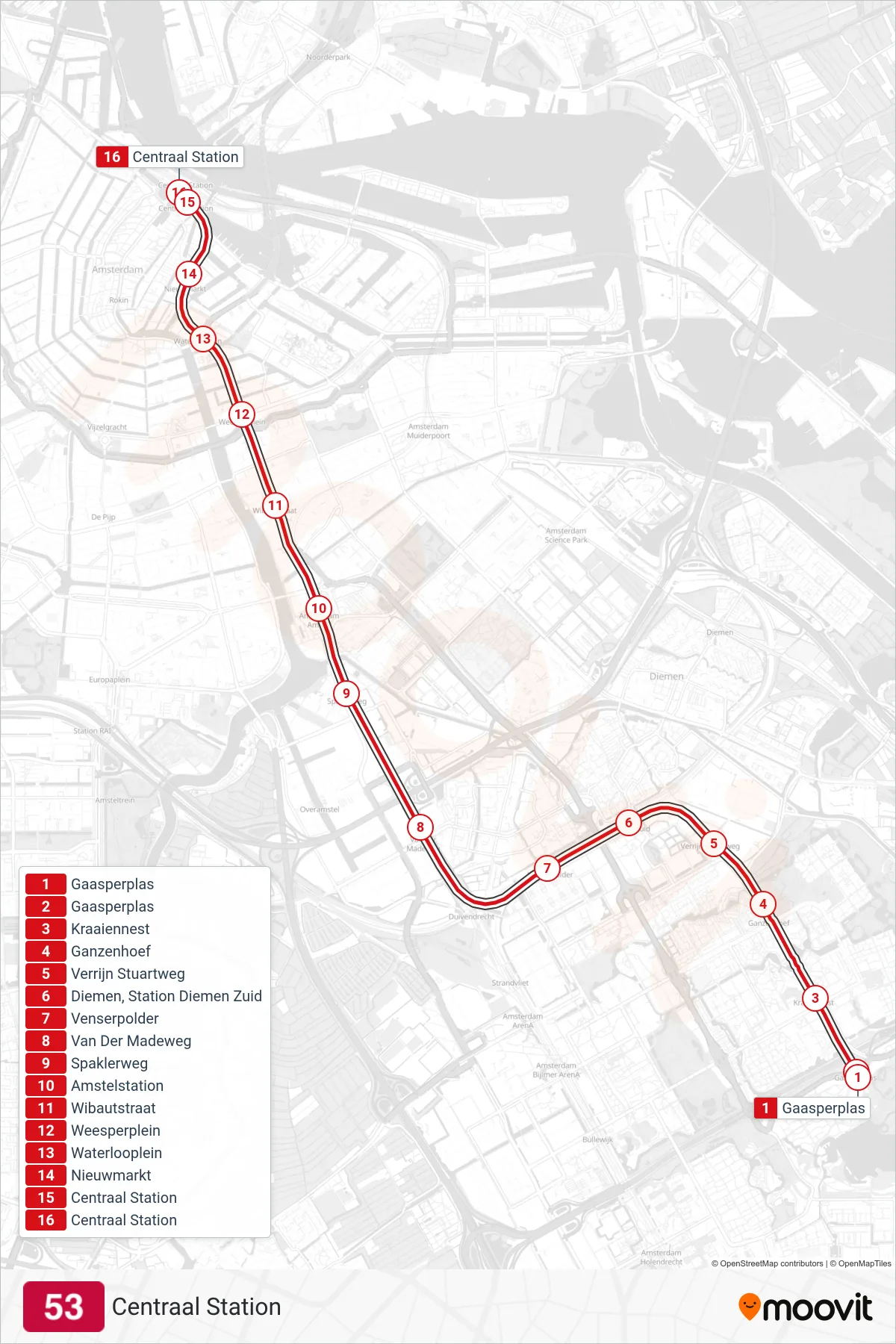 Lijn 53 (metro, Centraal Station): route en haltes op de kaart