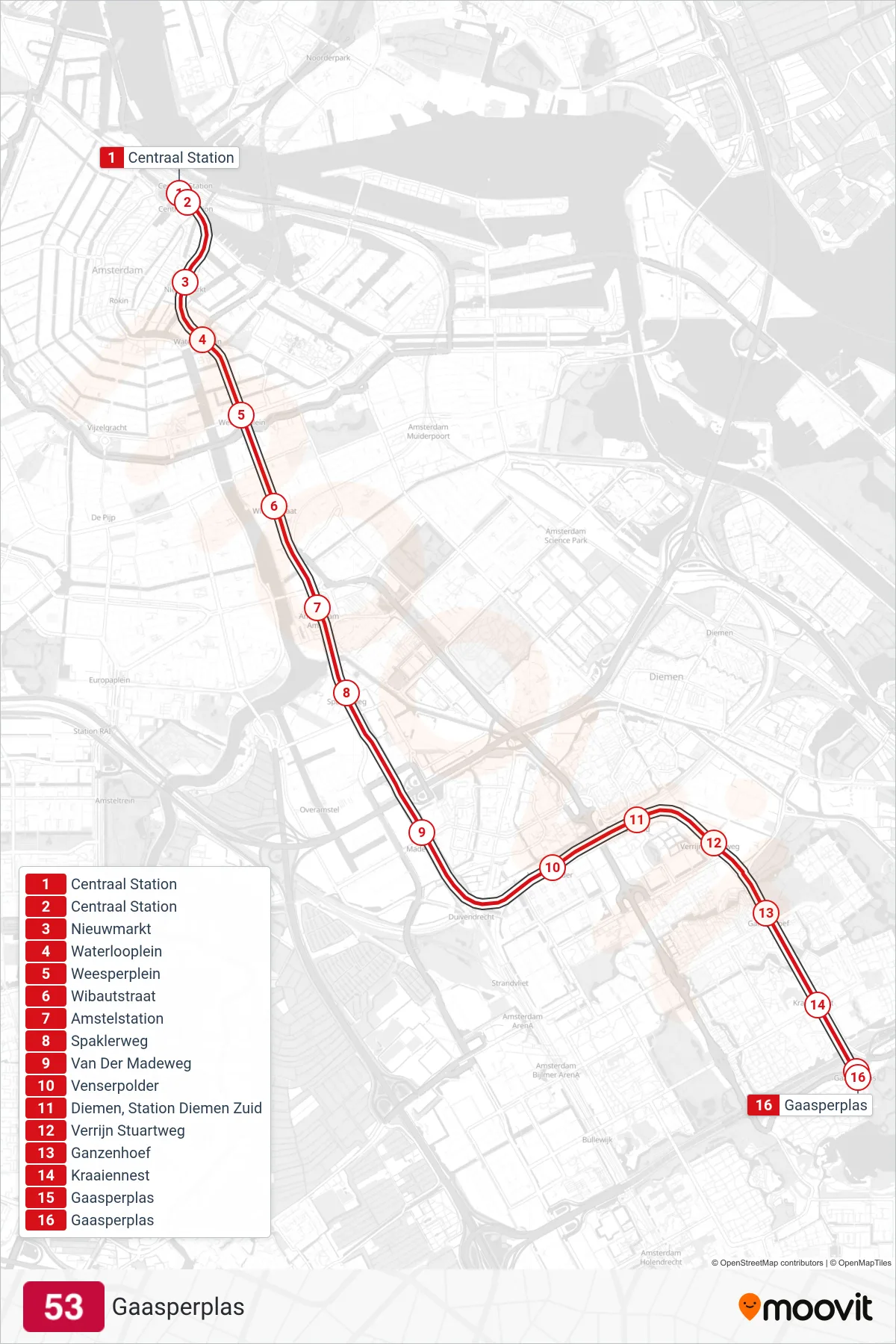 53 metro Line (Gaasperplas) route and stops on a map