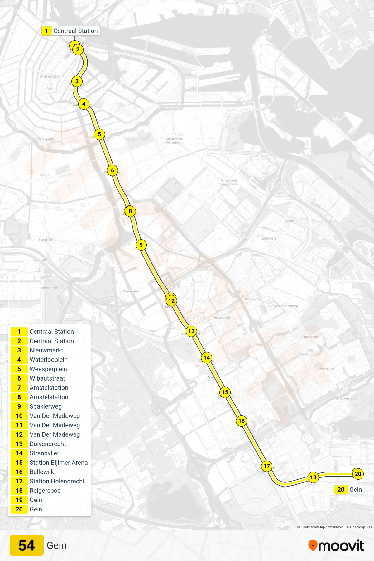 Lijn 54 (metro, Gein): route en haltes op de kaart