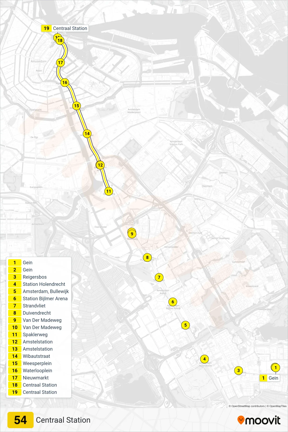 Lijn 54 (metro, Centraal Station): route en haltes op de kaart