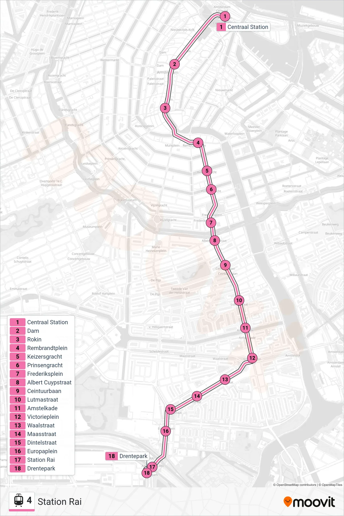 Lijn 4 (tram, Station Rai): route en haltes op de kaart