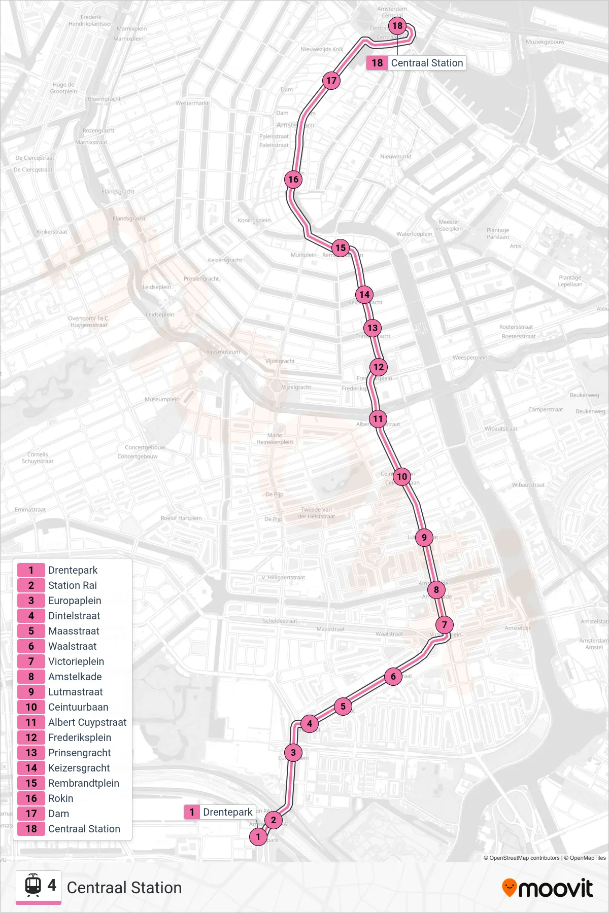 Lijn 4 (tram, Centraal Station): route en haltes op de kaart
