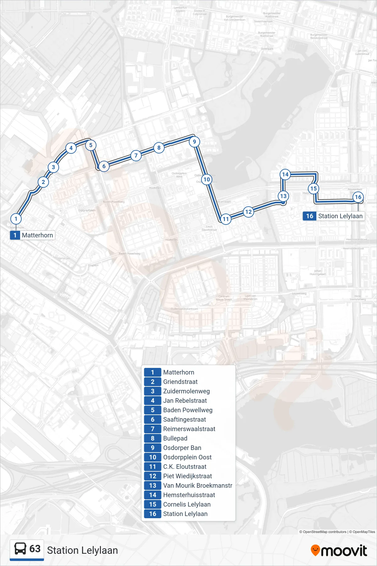 63 bus Line (Station Lelylaan) route and stops on a map
