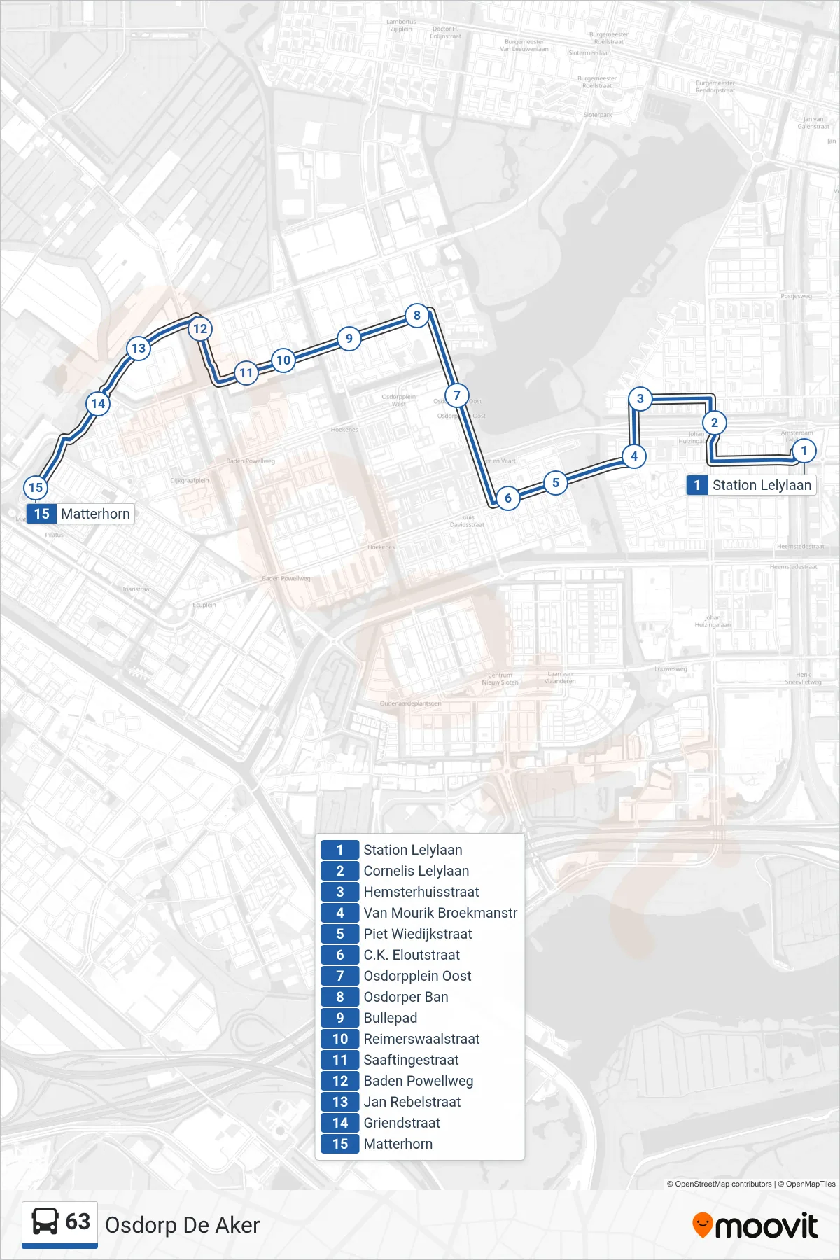 Lijn 63 (bus, Osdorp De Aker): route en haltes op de kaart