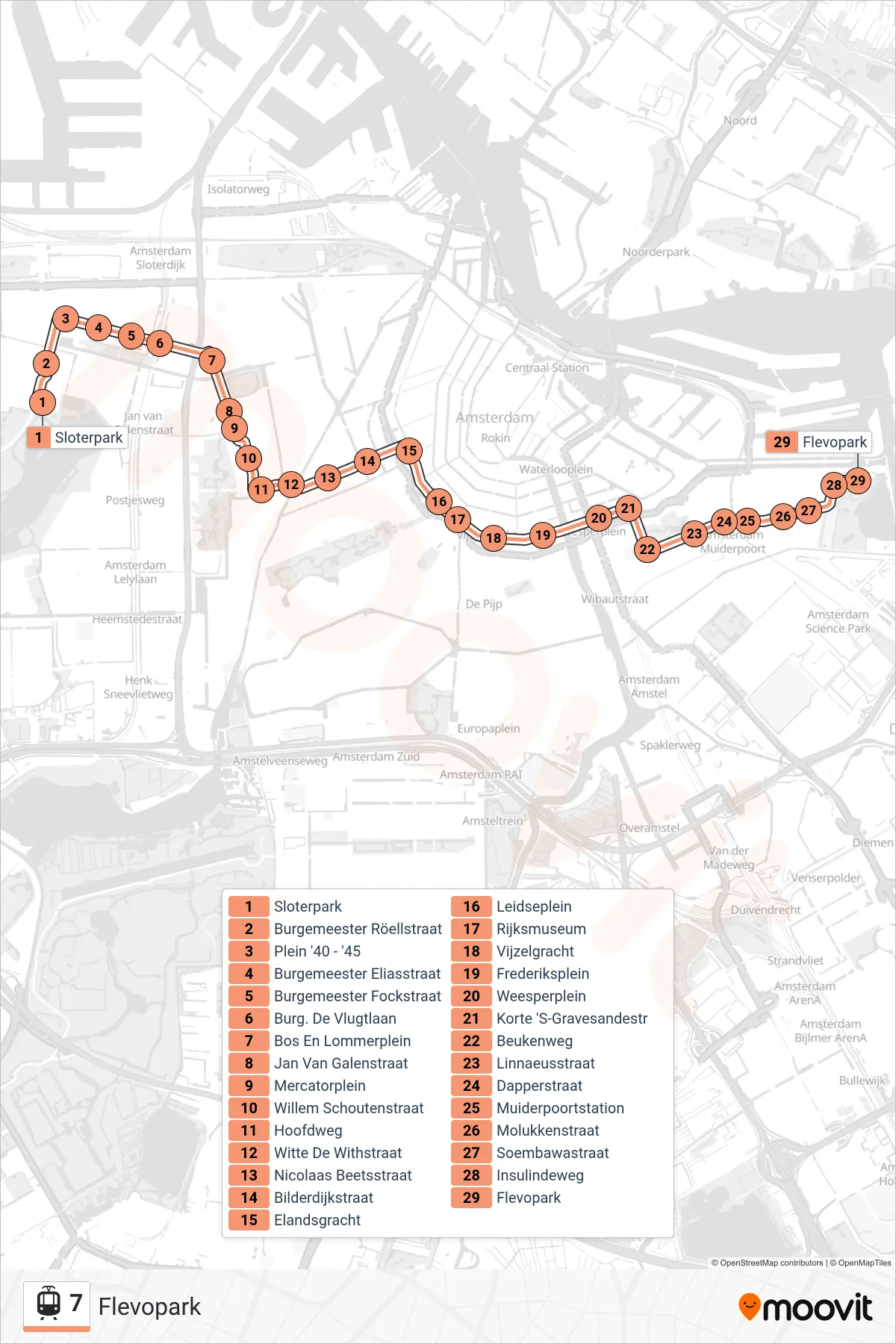 Lijn 7 (tram, Flevopark): route en haltes op de kaart