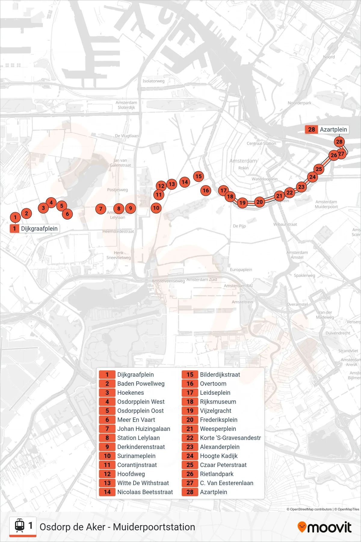 Lijn 1 (tram, Azartplein): route en haltes op de kaart