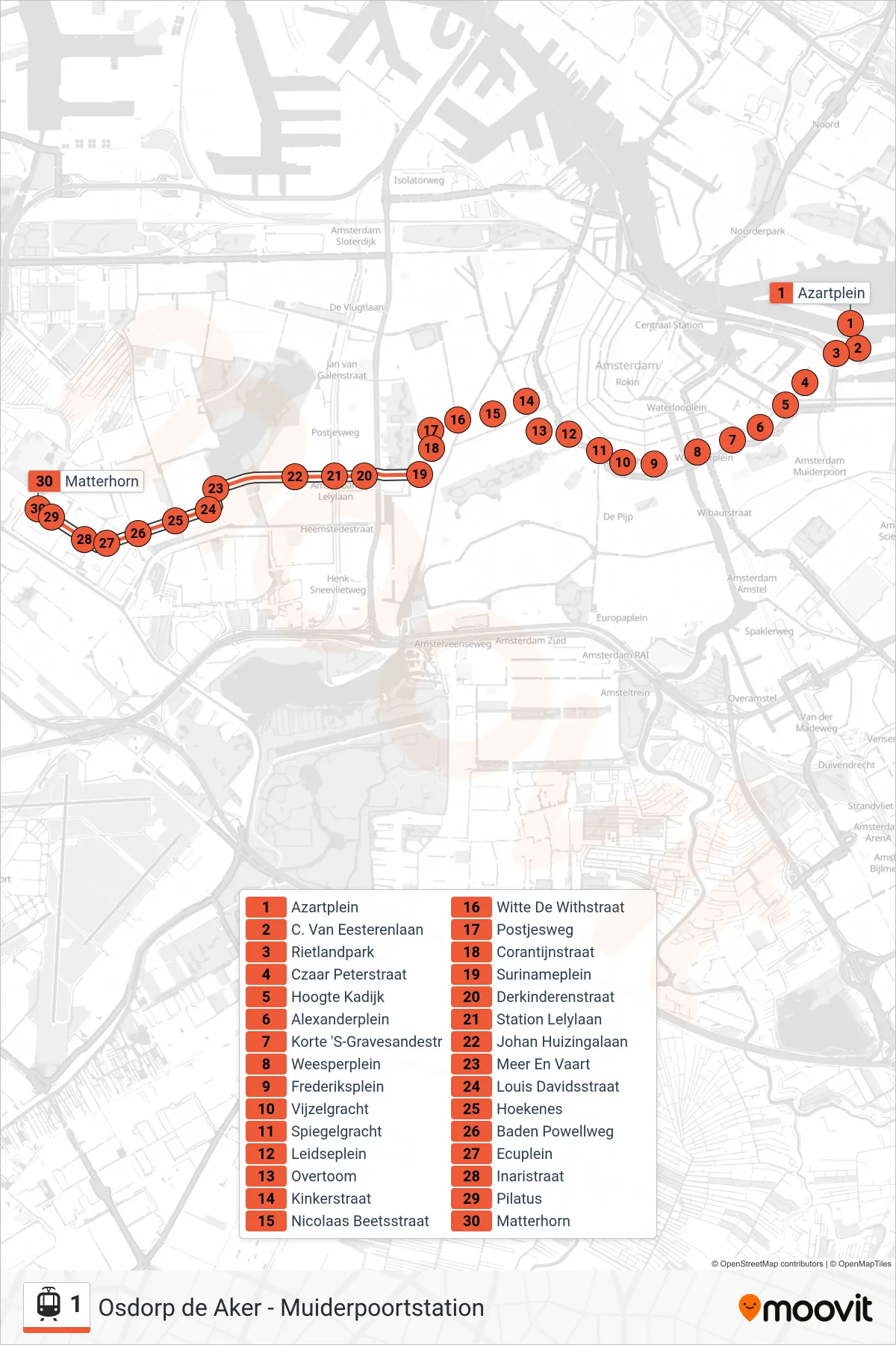 Linie 1 (Tram) Richtung Osdorp De Aker: Route und Haltestellen auf der Karte
