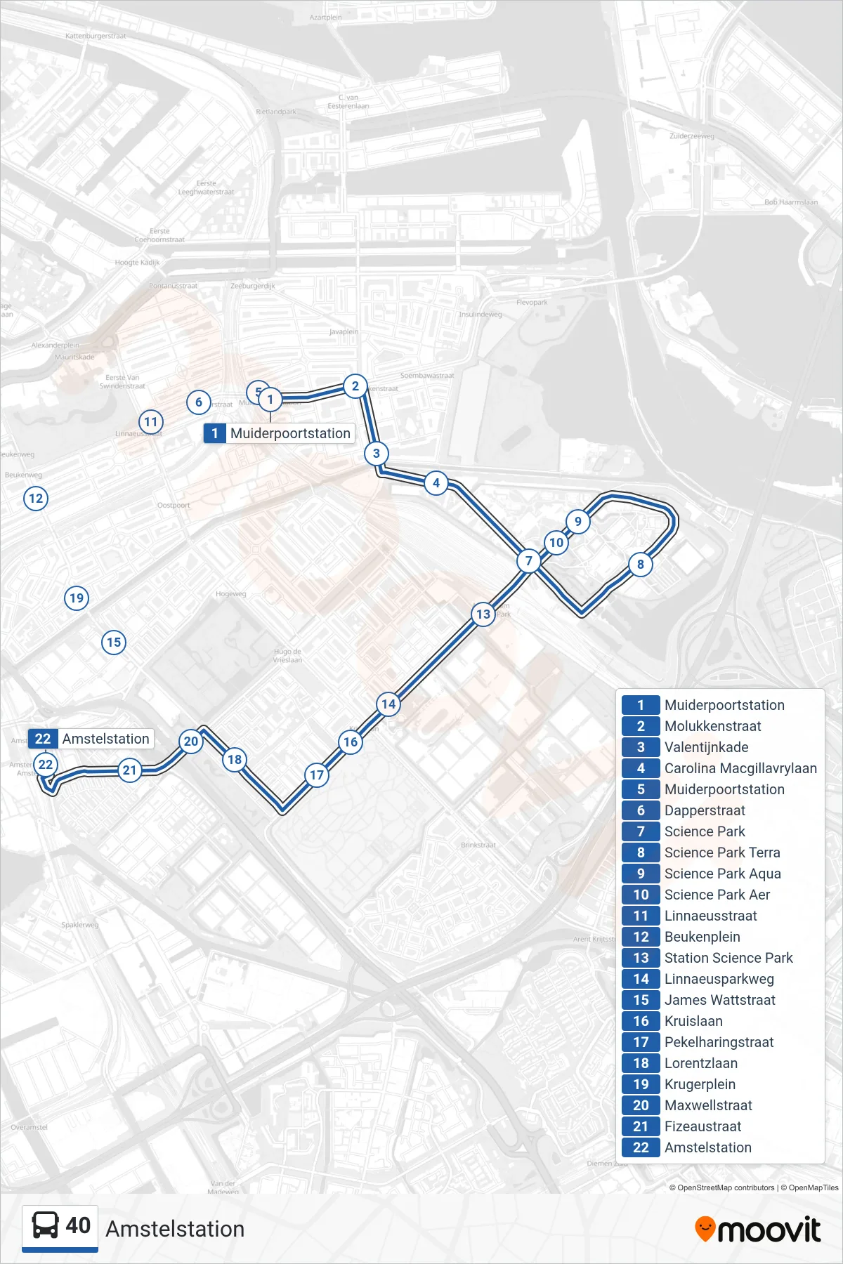 Lijn 40 (bus, Amstelstation): route en haltes op de kaart