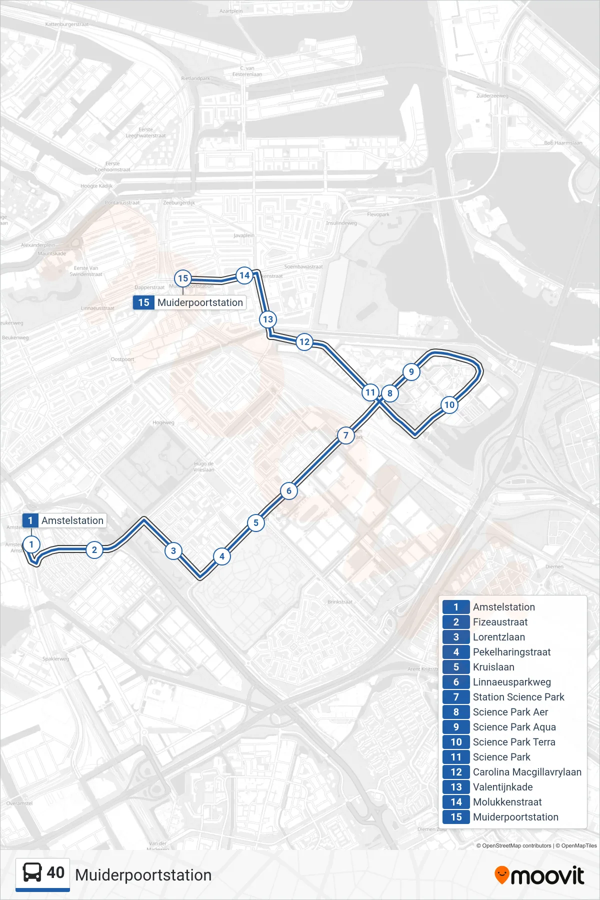 Lijn 40 (bus, Muiderpoortstation): route en haltes op de kaart