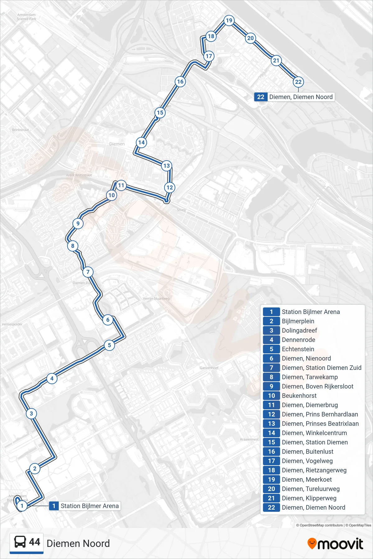 Lijn 44 (bus, Diemen Noord): route en haltes op de kaart