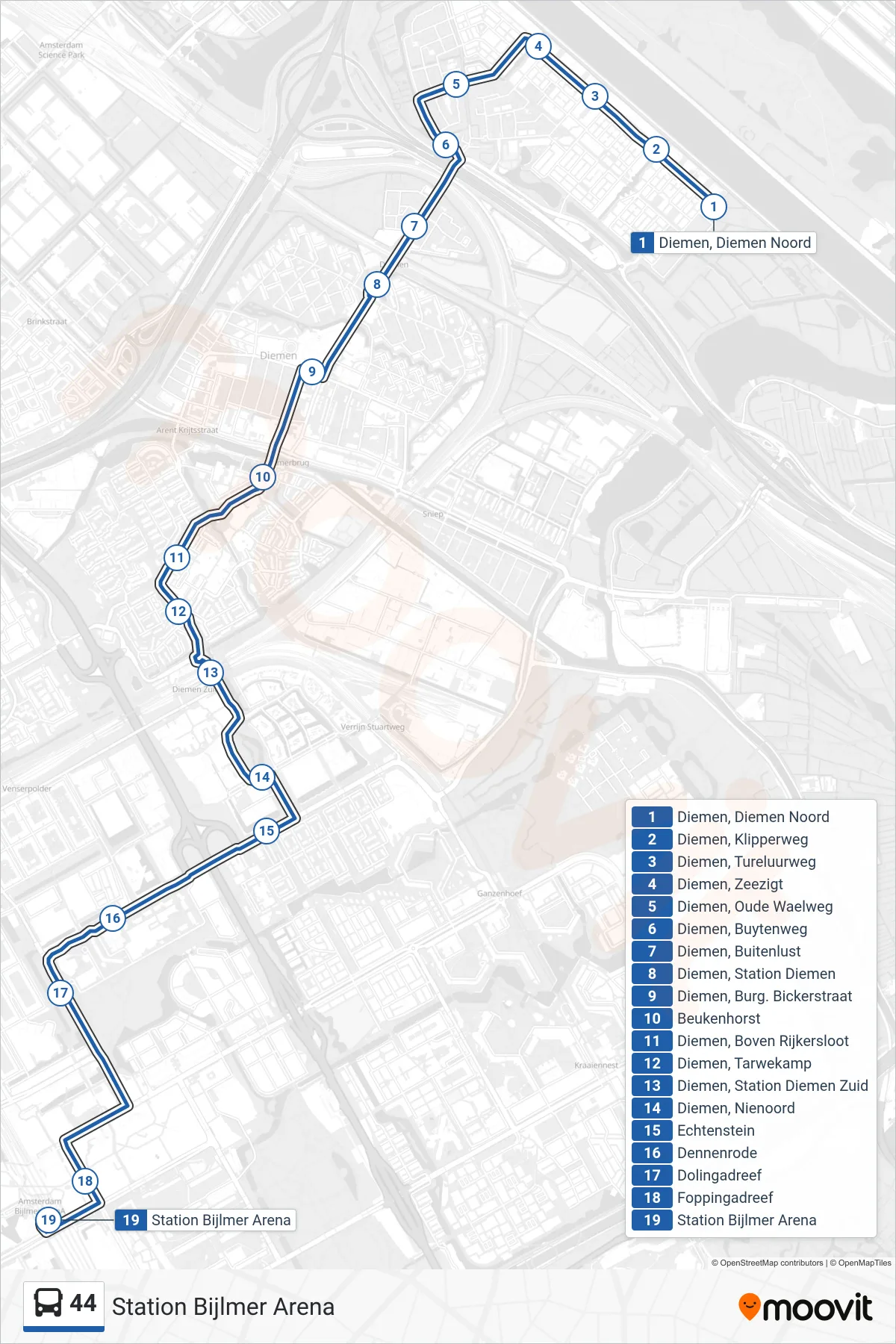 Lijn 44 (bus, Station Bijlmer Arena): route en haltes op de kaart