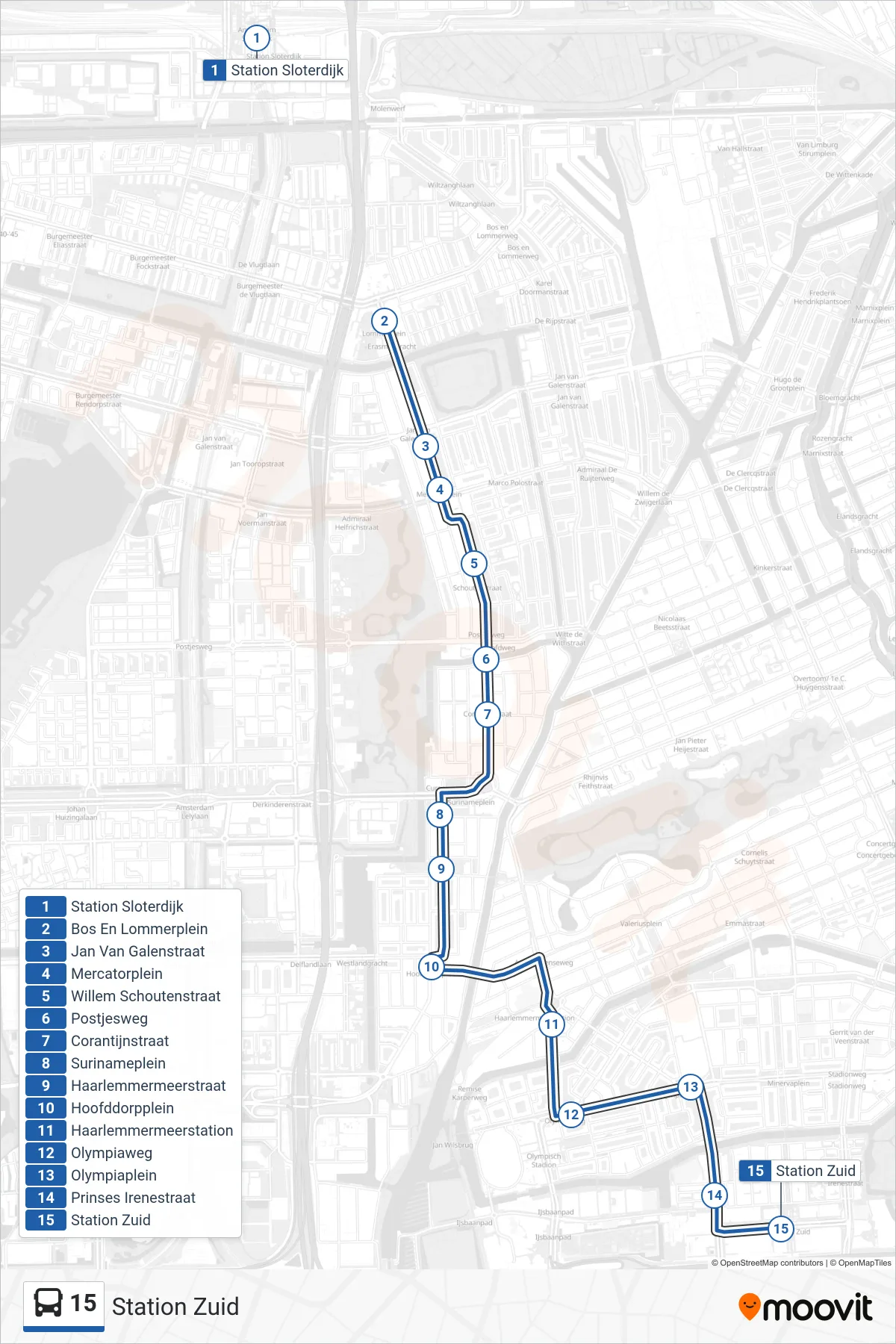 Lijn 15 (bus, Station Zuid): route en haltes op de kaart