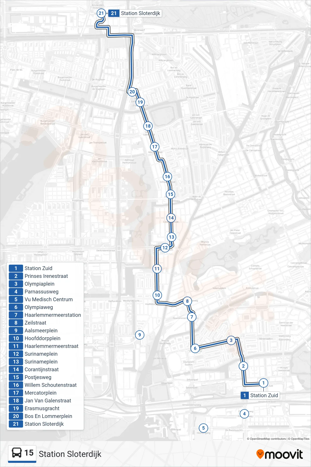 Lijn 15 (bus, Station Sloterdijk): route en haltes op de kaart