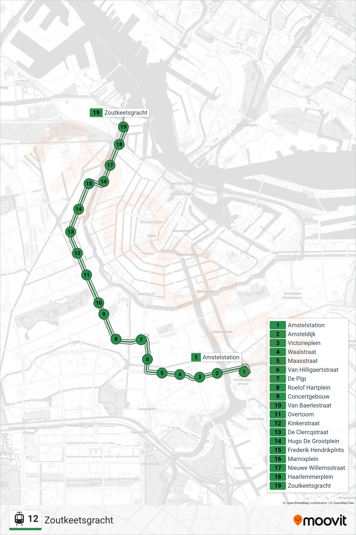 Lijn 12 (tram, Zoutkeetsgracht): route en haltes op de kaart