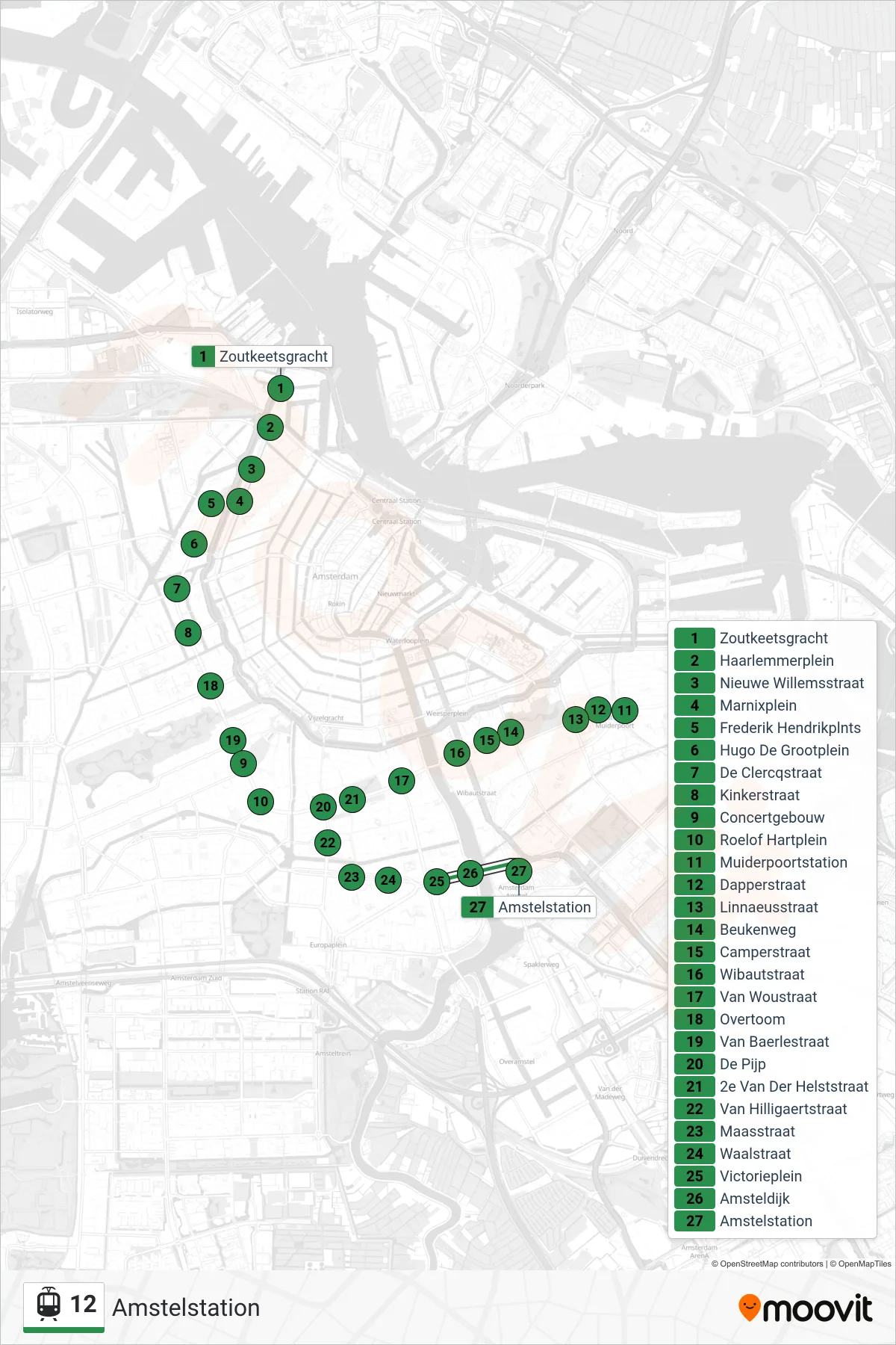 Lijn 12 (tram, Amstelstation): route en haltes op de kaart
