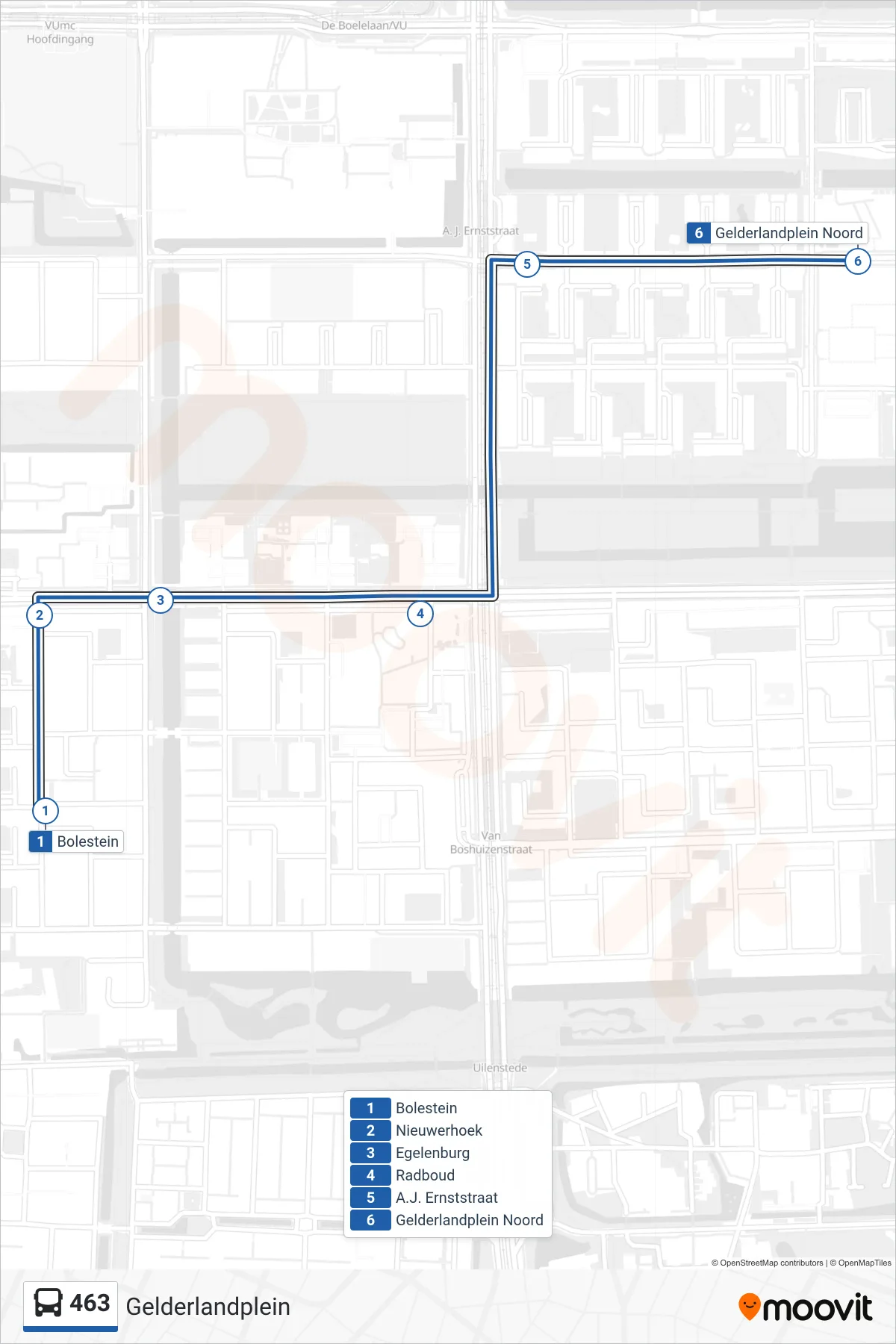 Lijn 463 (bus, Gelderlandplein): route en haltes op de kaart