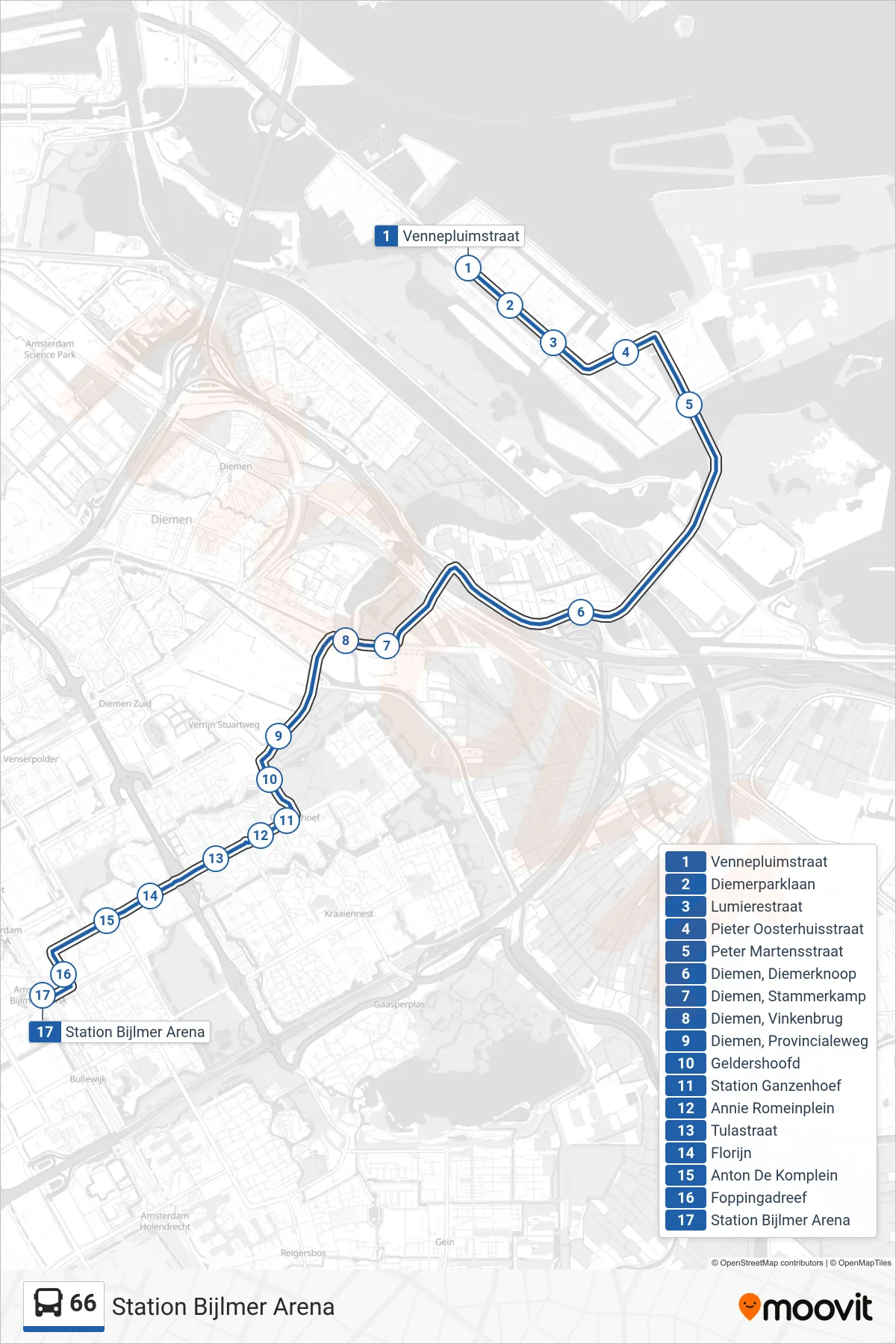 Lijn 66 (bus, Station Bijlmer Arena): route en haltes op de kaart