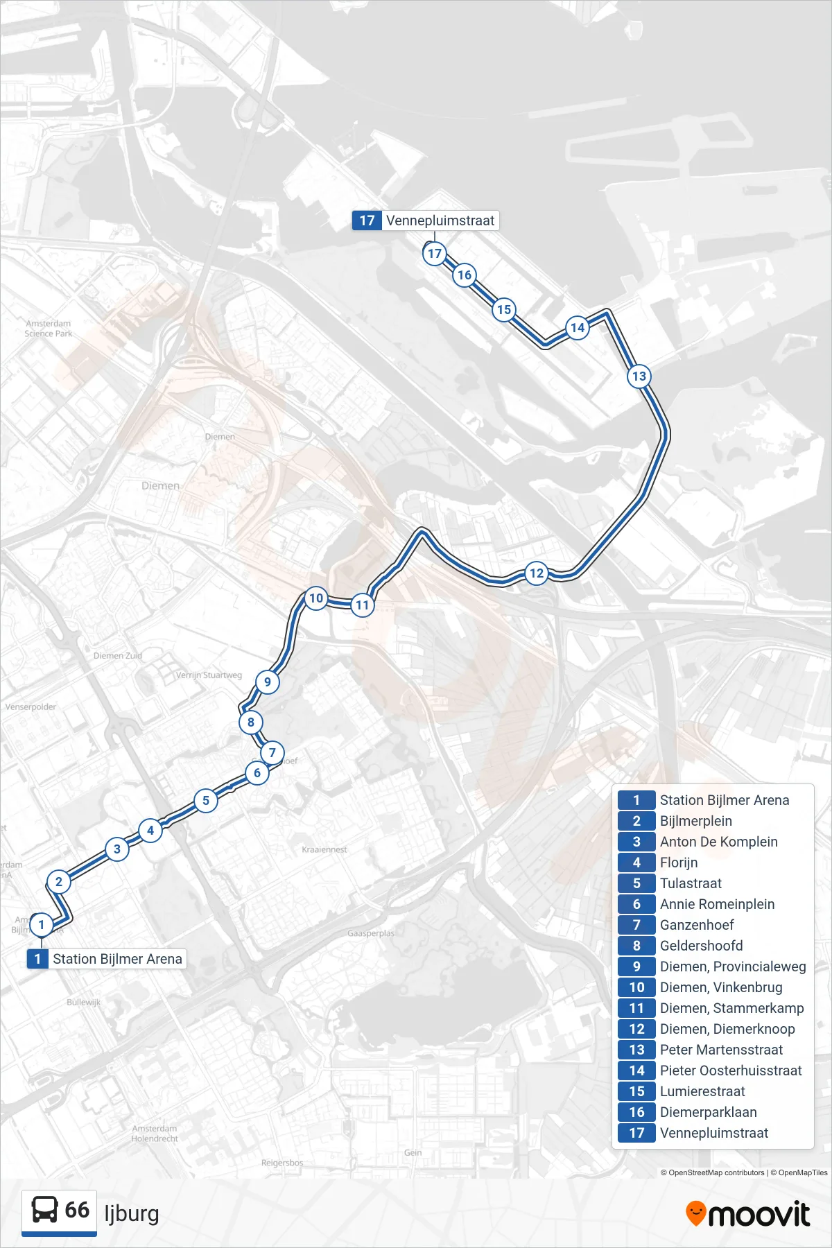 Lijn 66 (bus, Ijburg): route en haltes op de kaart