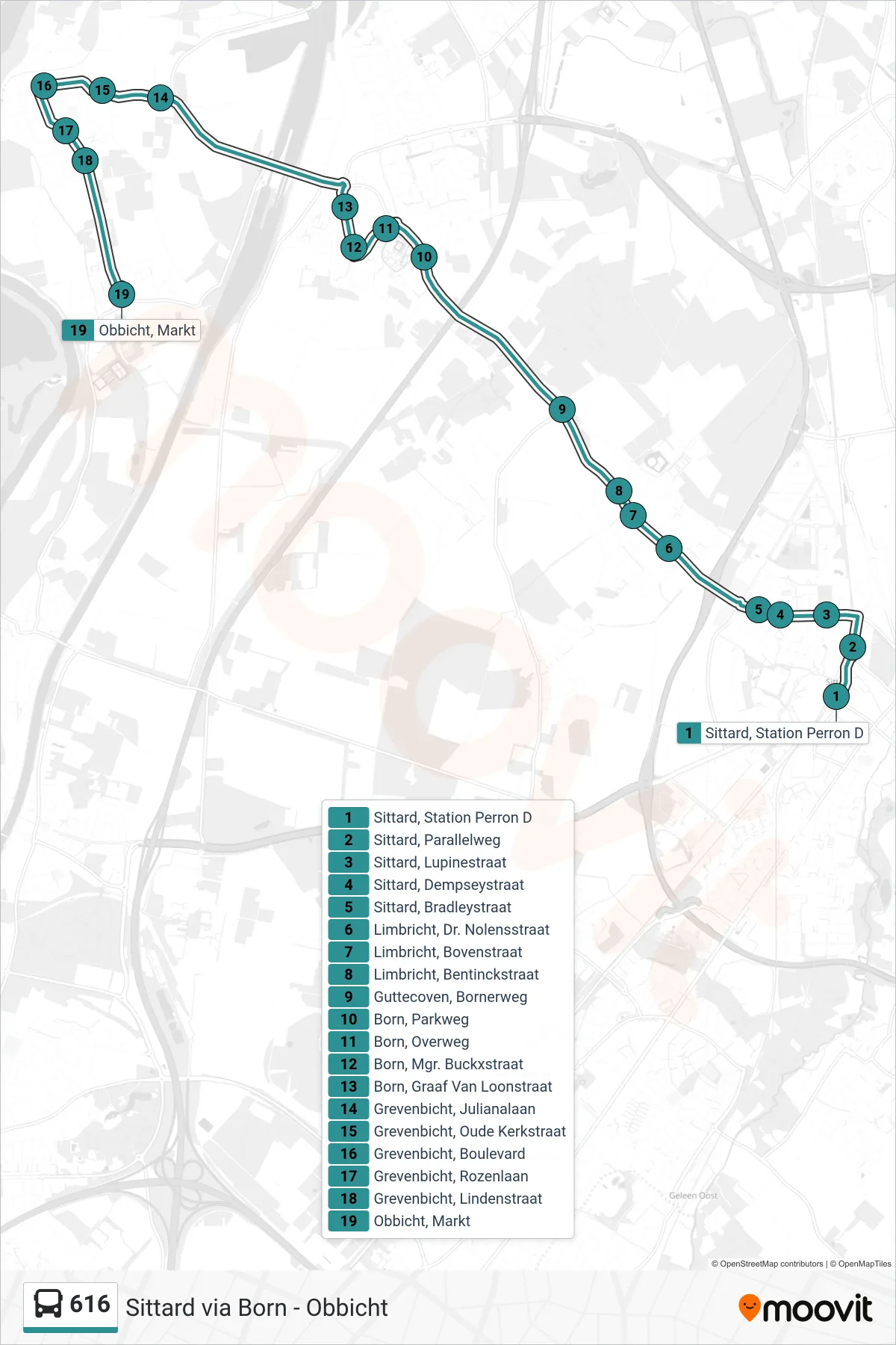 Lijn 616 (bus, Obbicht): route en haltes op de kaart