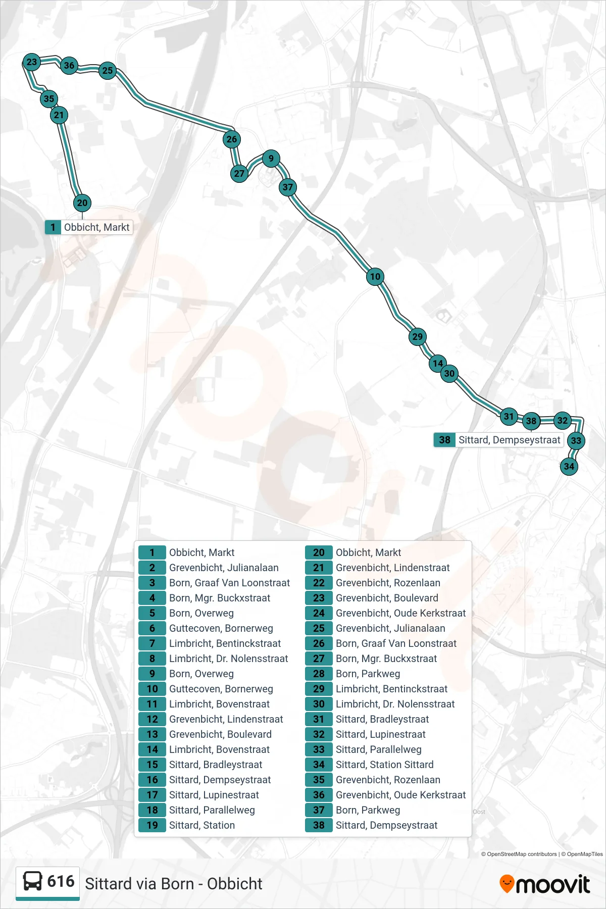 Lijn 616 (bus, Sittard Station): route en haltes op de kaart