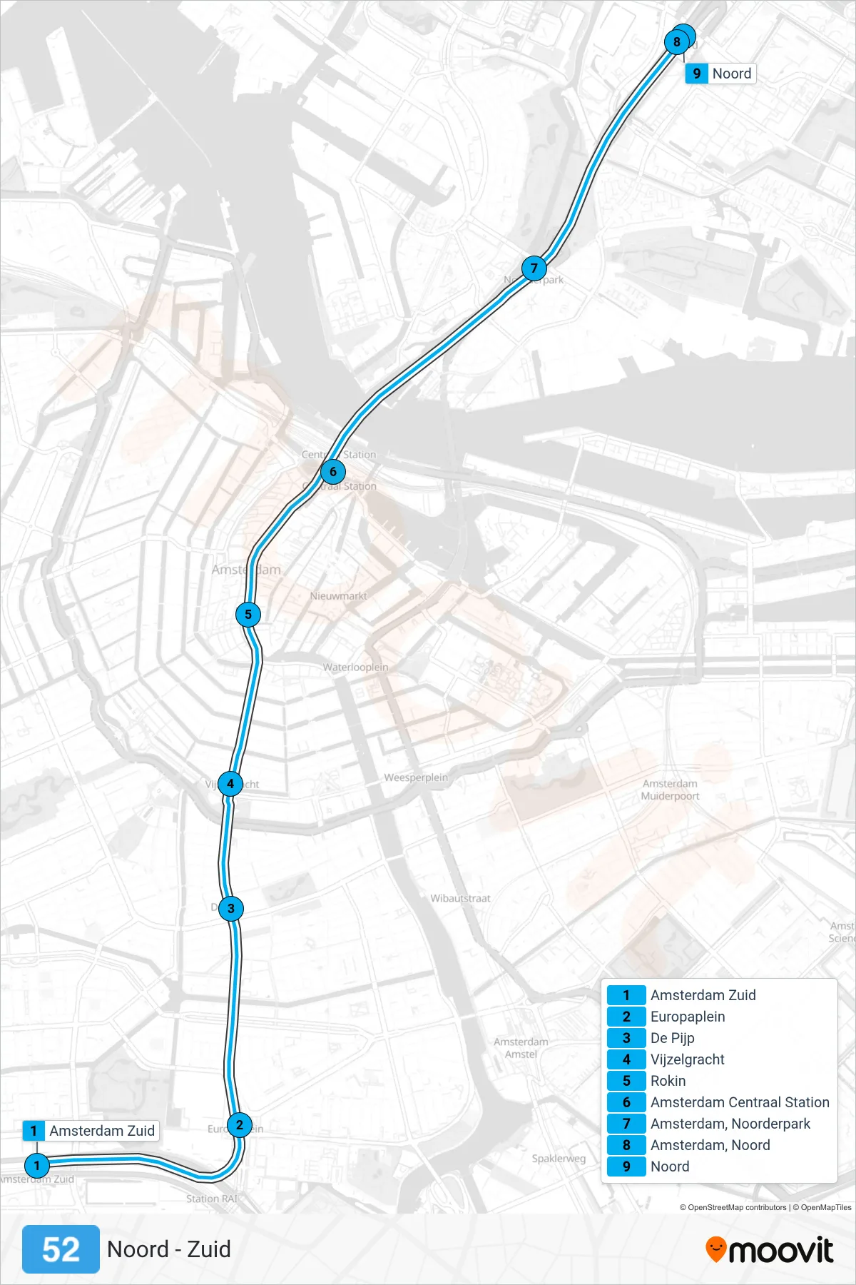 Lijn 52 (metro, Noord): route en haltes op de kaart