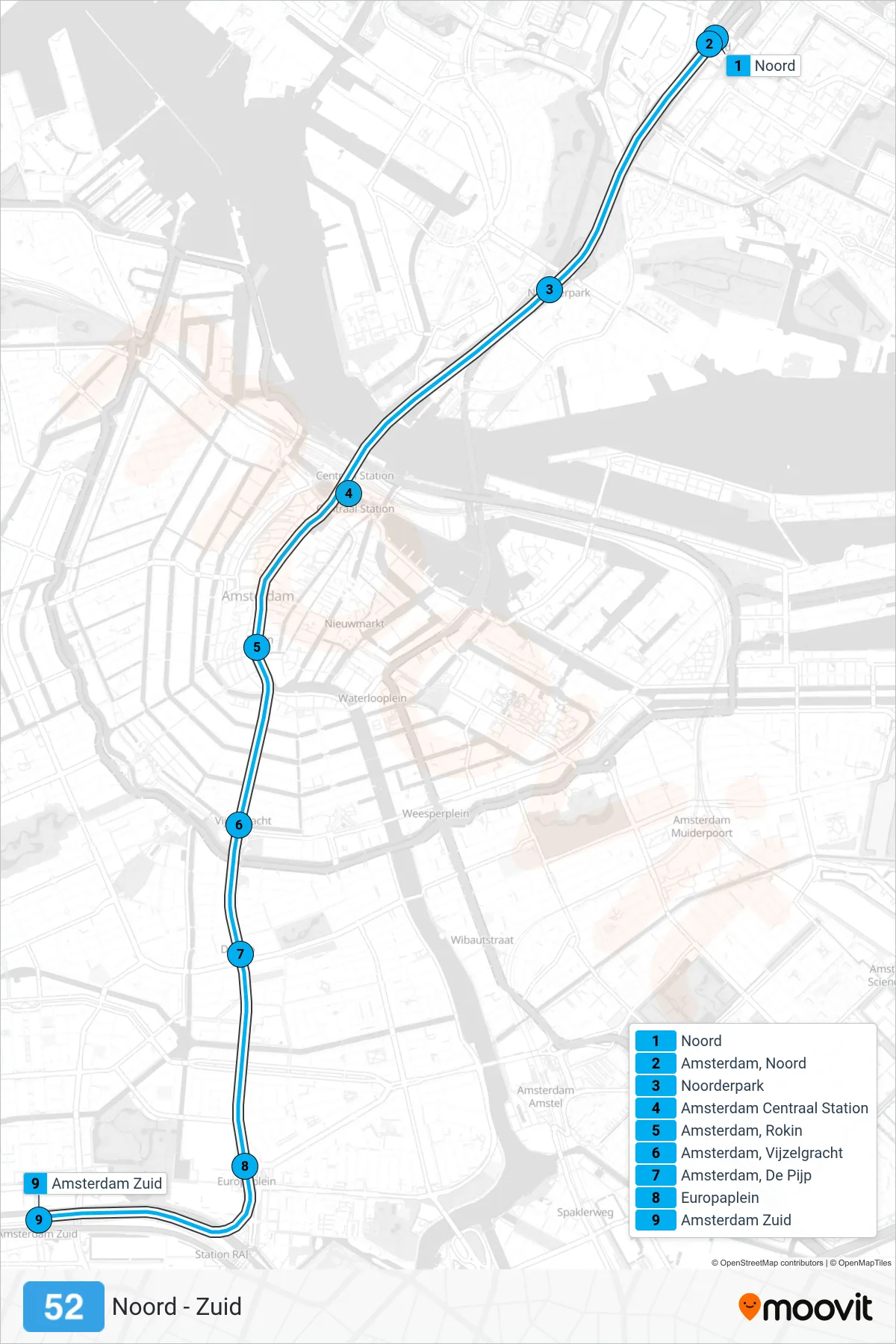 Lijn 52 (metro, Zuid): route en haltes op de kaart