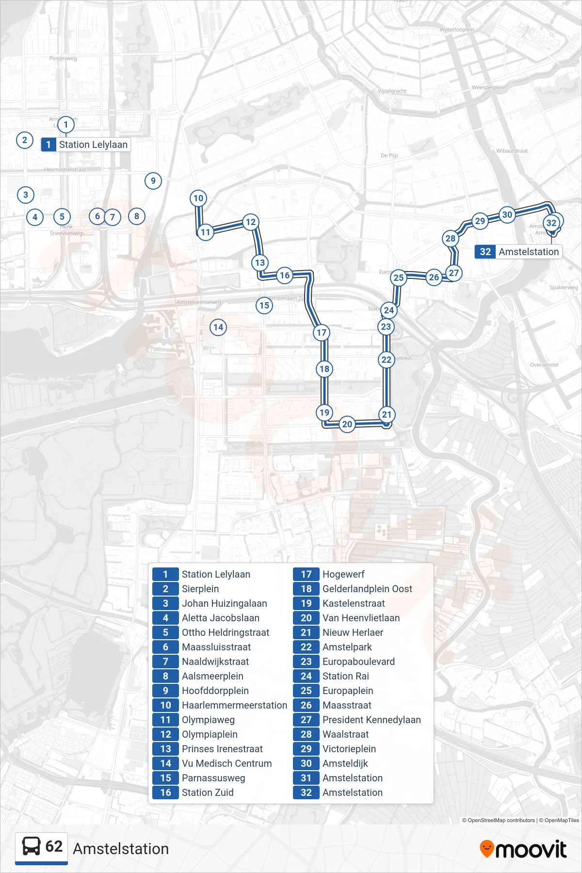 Lijn 62 (bus, Amstelstation): route en haltes op de kaart
