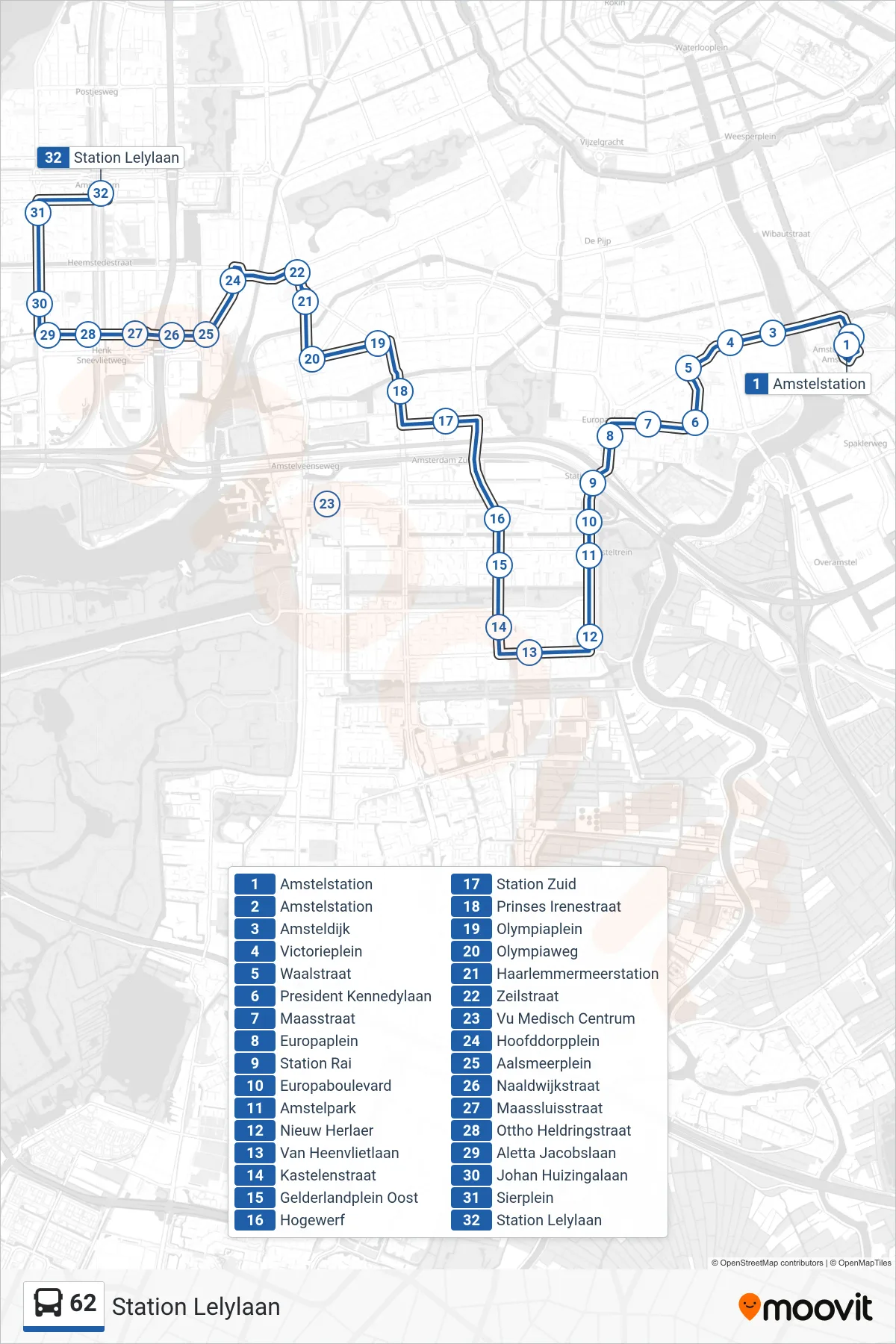 Lijn 62 (bus, Station Lelylaan): route en haltes op de kaart
