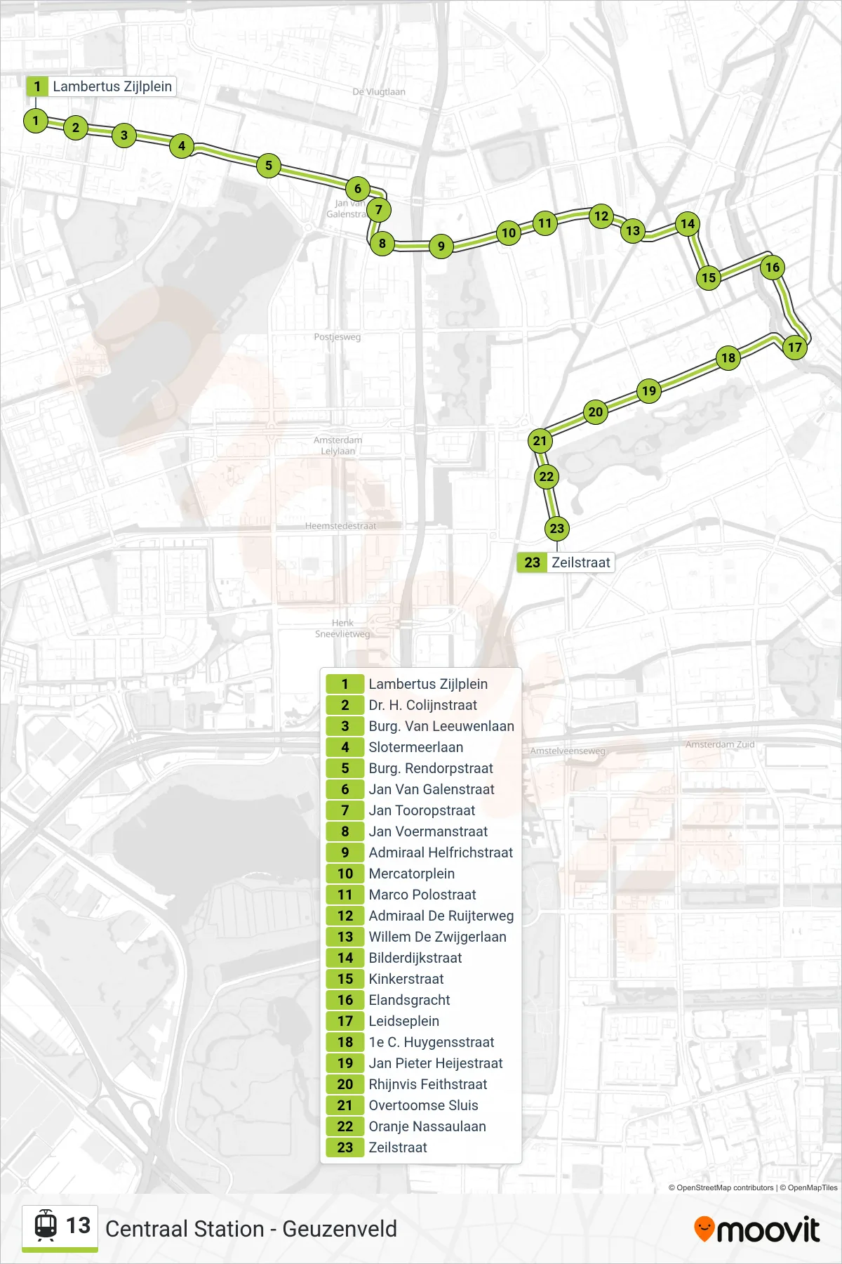 Lijn 13 (tram, Zeilstraat): route en haltes op de kaart