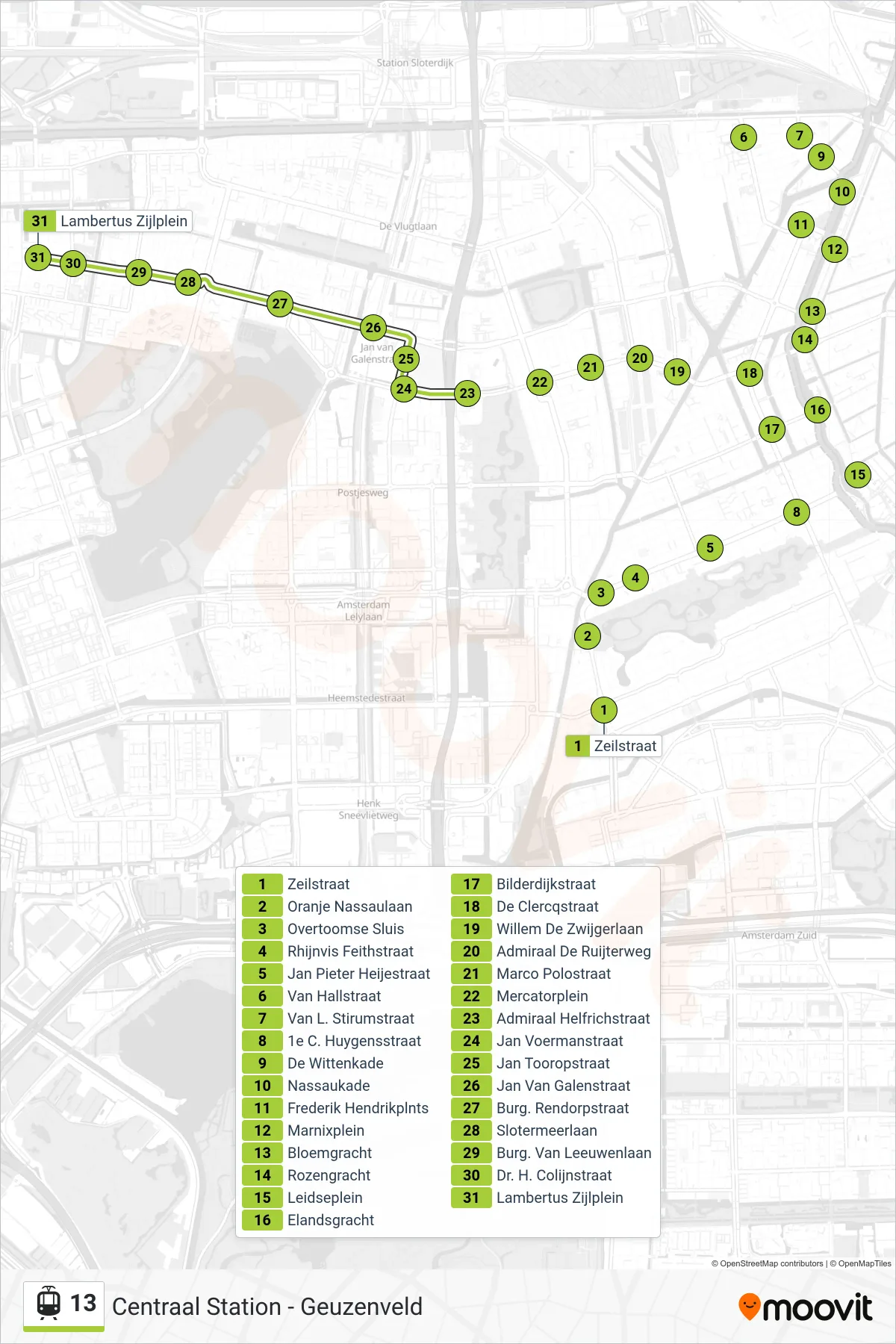 Lijn 13 (tram, Geuzenveld): route en haltes op de kaart