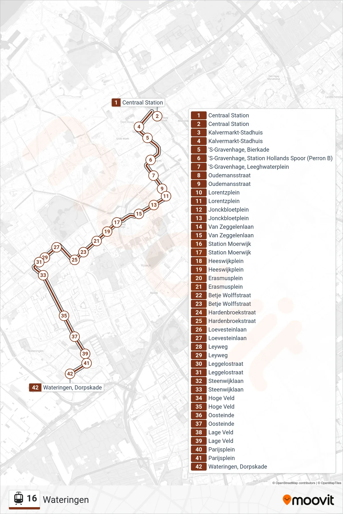 Lijn 16 (tram, Wateringen): route en haltes op de kaart
