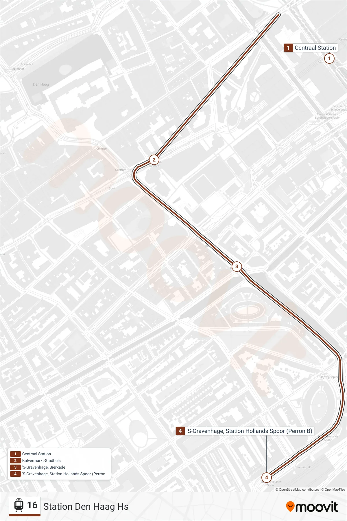 16 light rail Line (Station Den Haag Hs) route and stops on a map