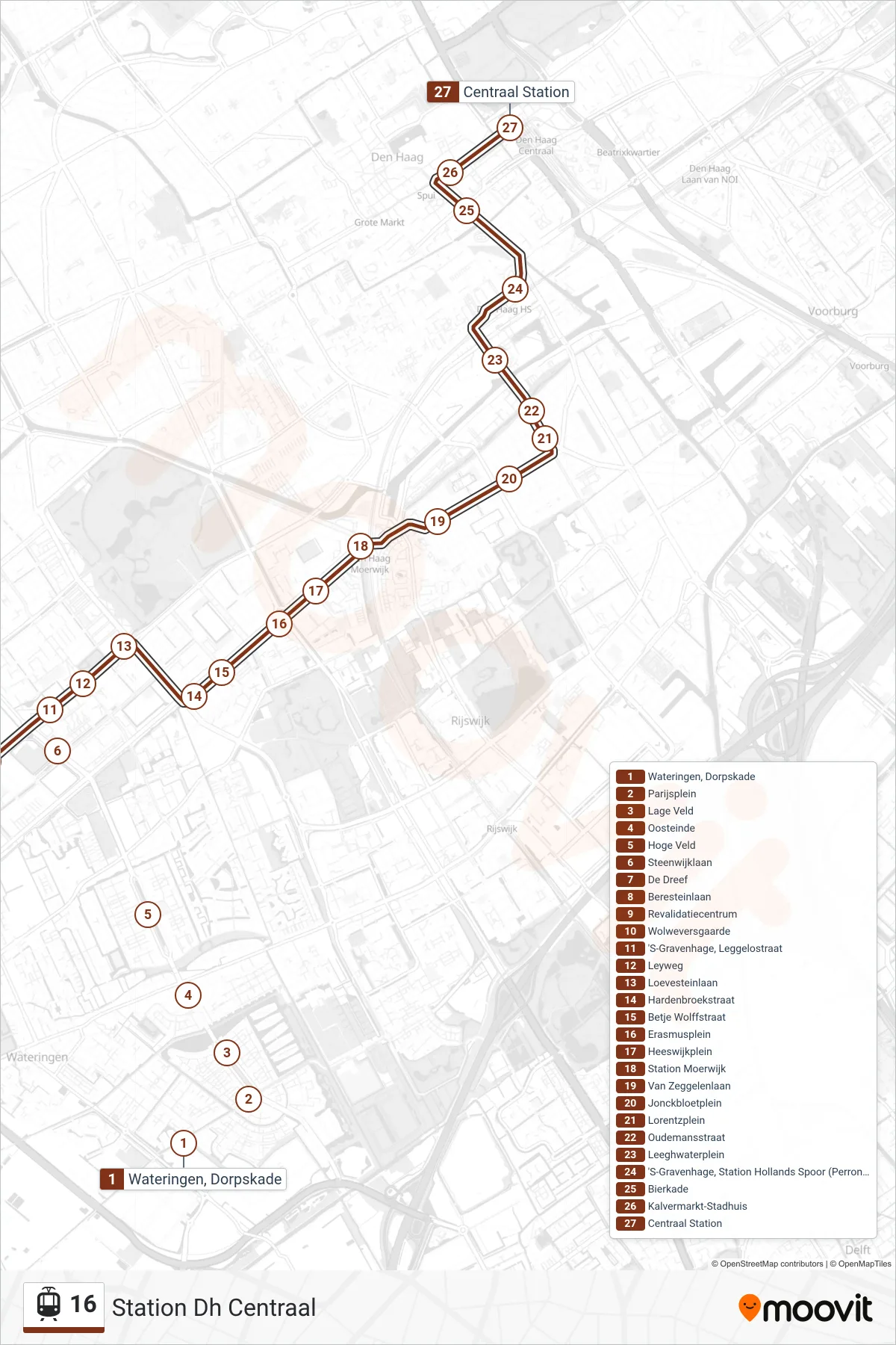 Lijn 16 (tram, Station Dh Centraal): route en haltes op de kaart