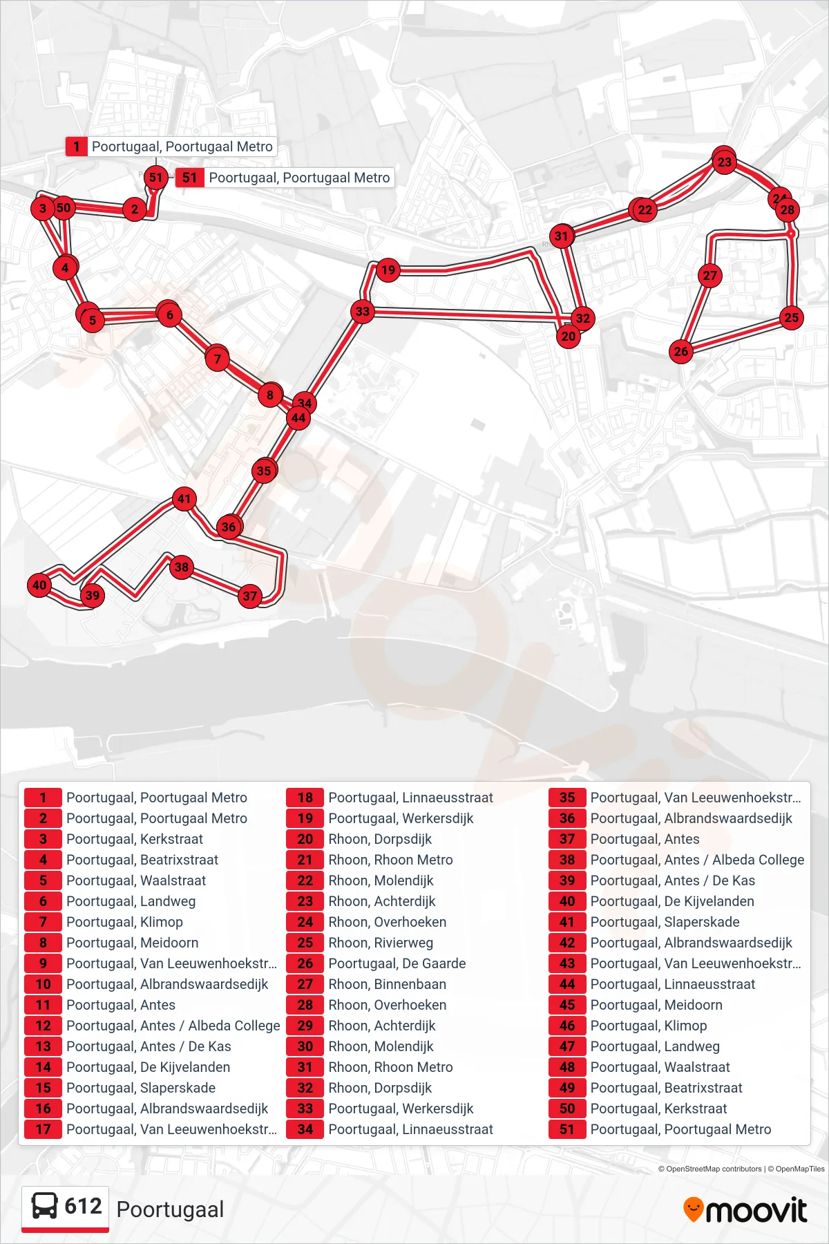 Lijn 612 (bus, Poortugaal): route en haltes op de kaart