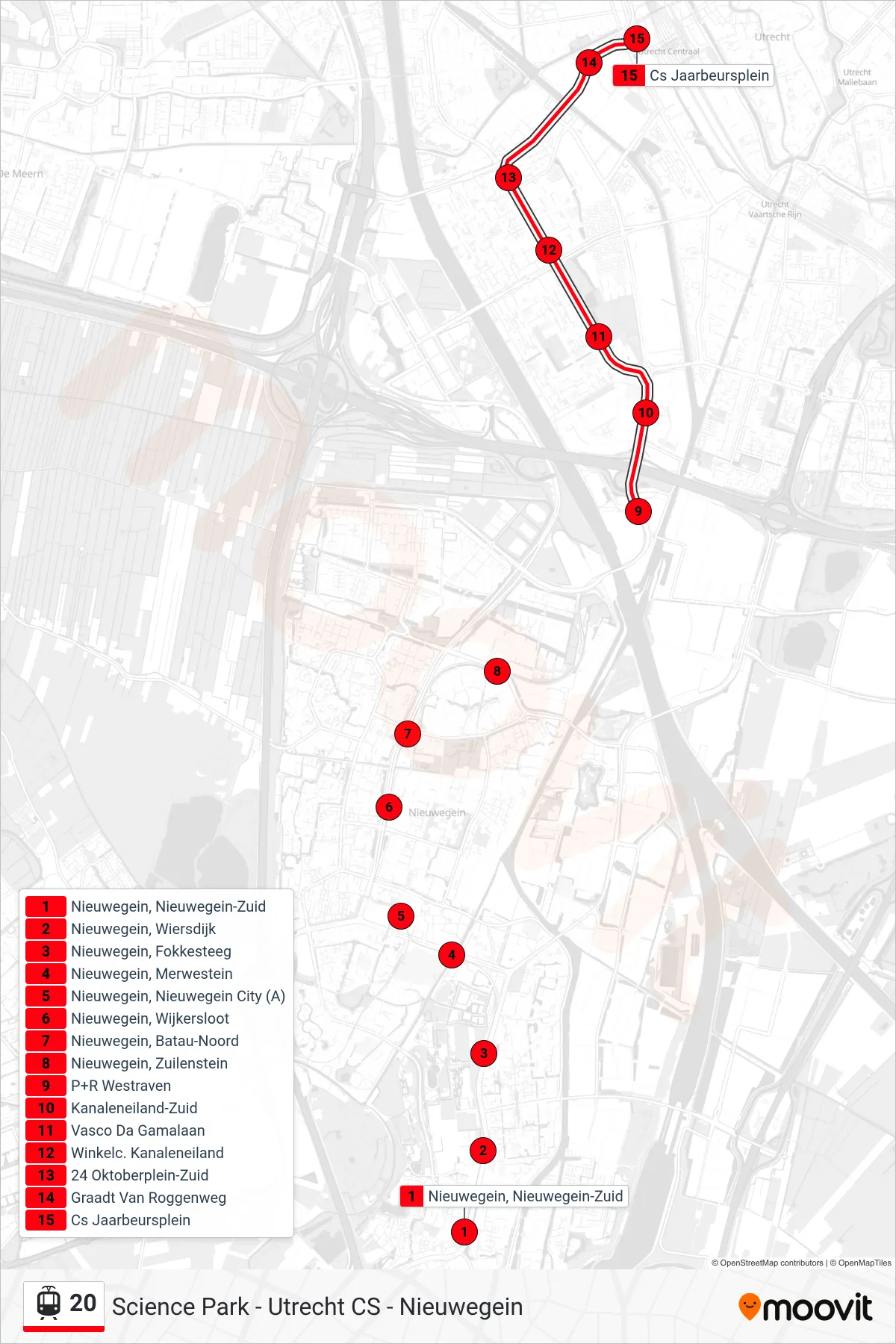 Lijn 20 (tram, Utrecht Cs Jaarbeursplein): route en haltes op de kaart