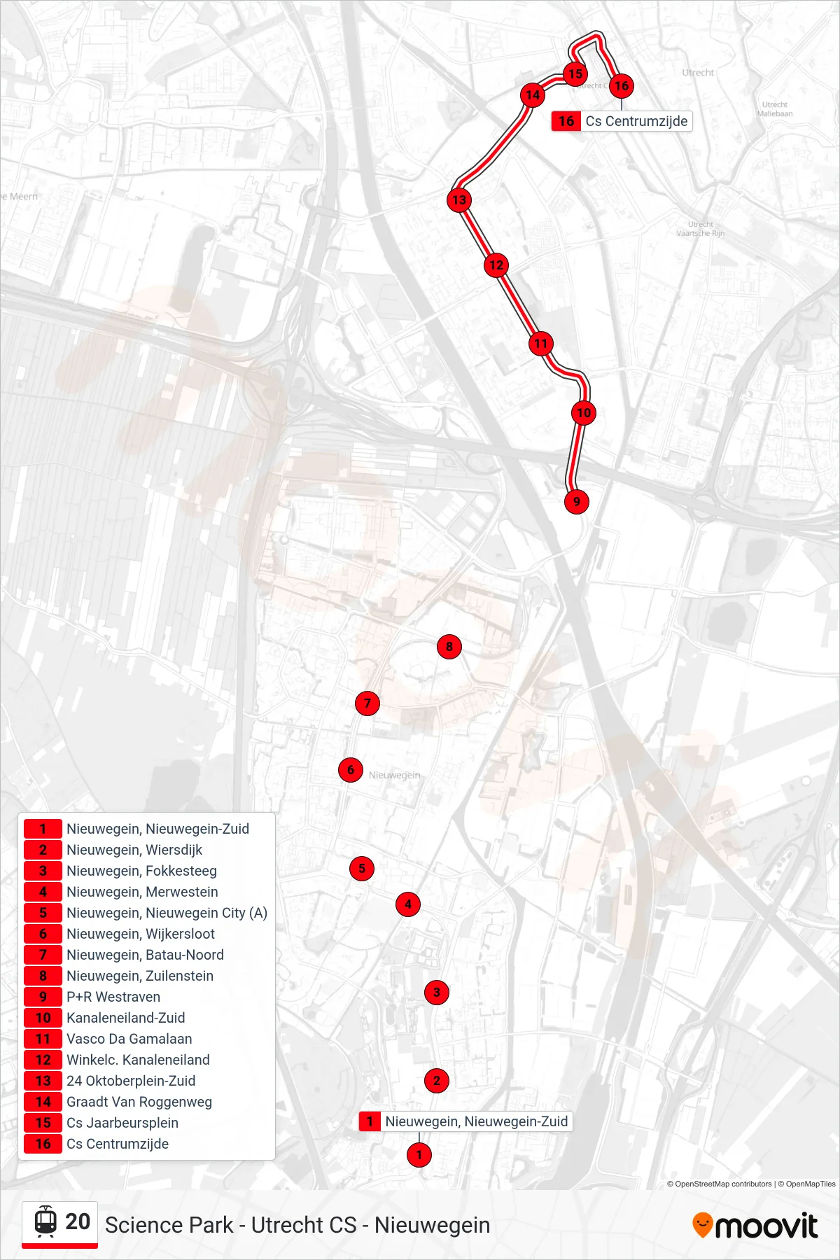 Lijn 20 (tram, Utrecht Cs): route en haltes op de kaart