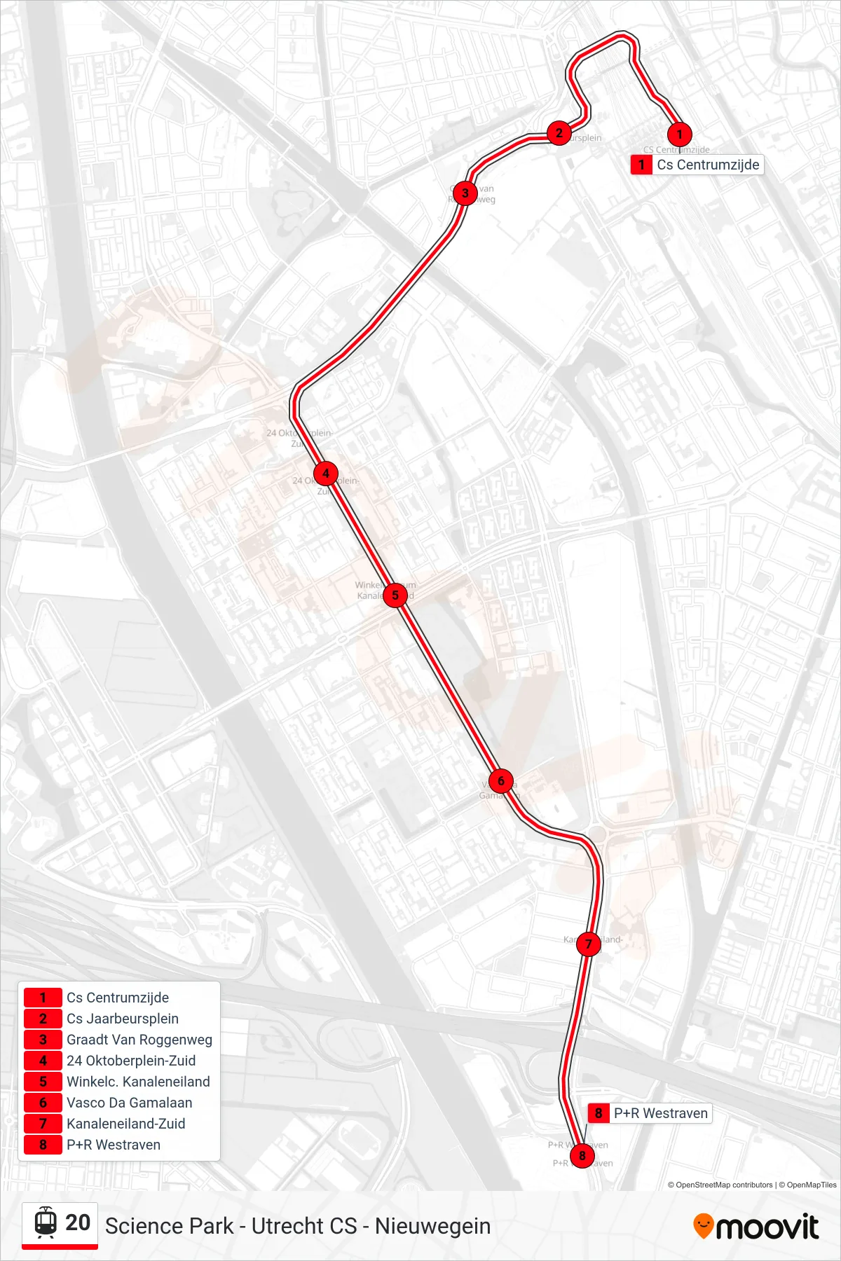 Lijn 20 (tram, Westraven P+R): route en haltes op de kaart