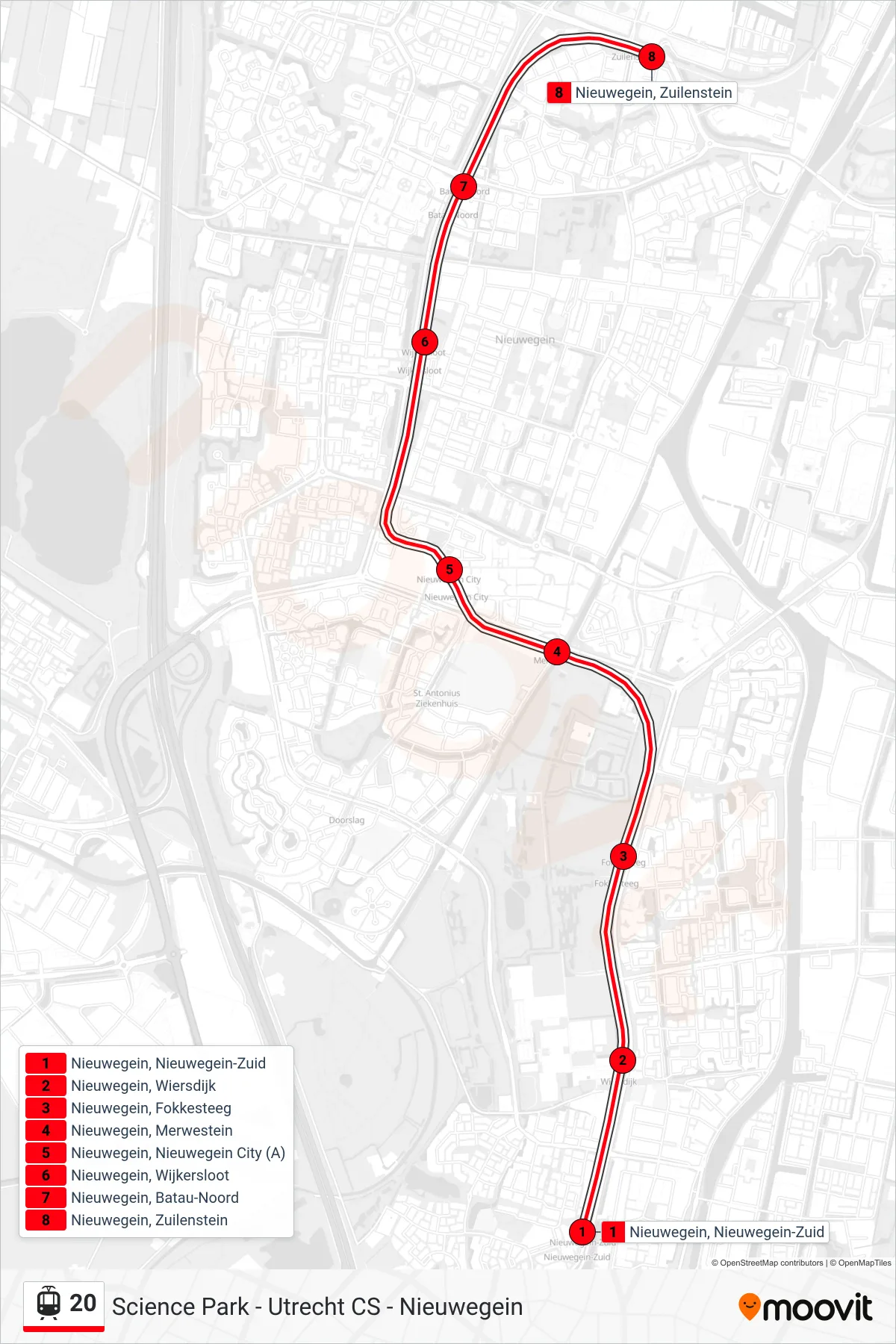 Lijn 20 (tram, Nieuwegein Zuilenstein): route en haltes op de kaart