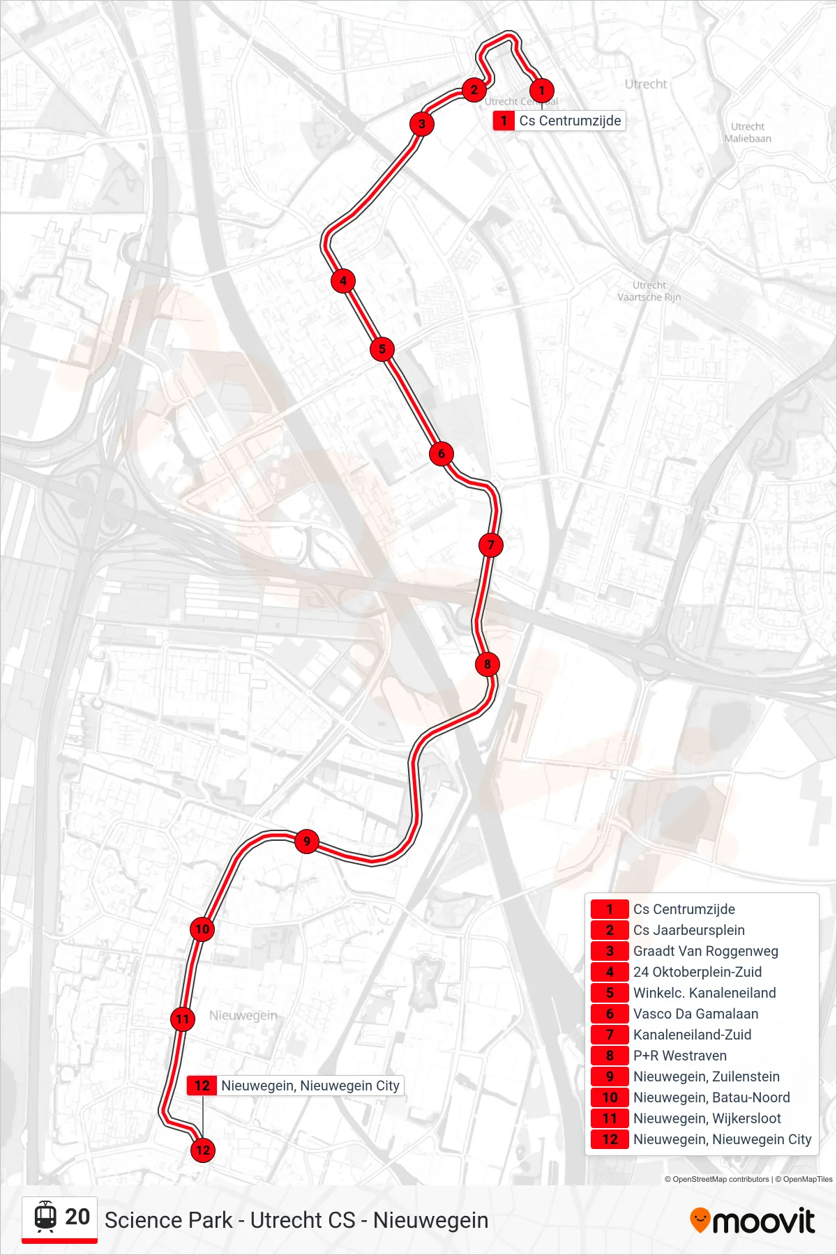 Lijn 20 (tram, Nieuwegein-Centrum): route en haltes op de kaart