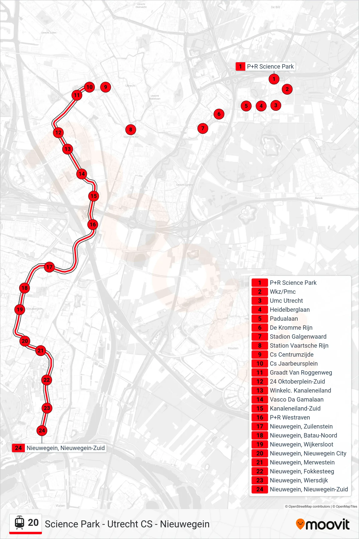 Lijn 20 (tram, Nieuwegein): route en haltes op de kaart
