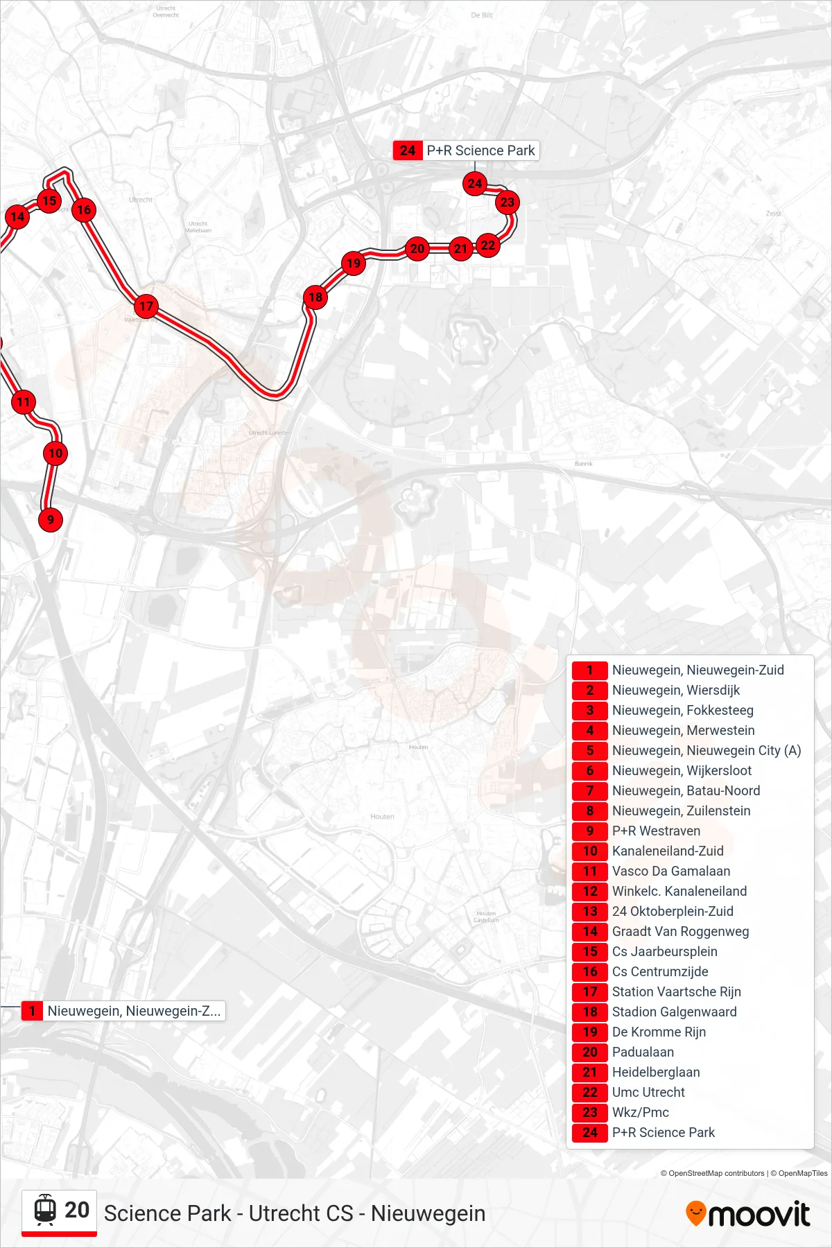Lijn 20 (tram, Science Park P+R): route en haltes op de kaart