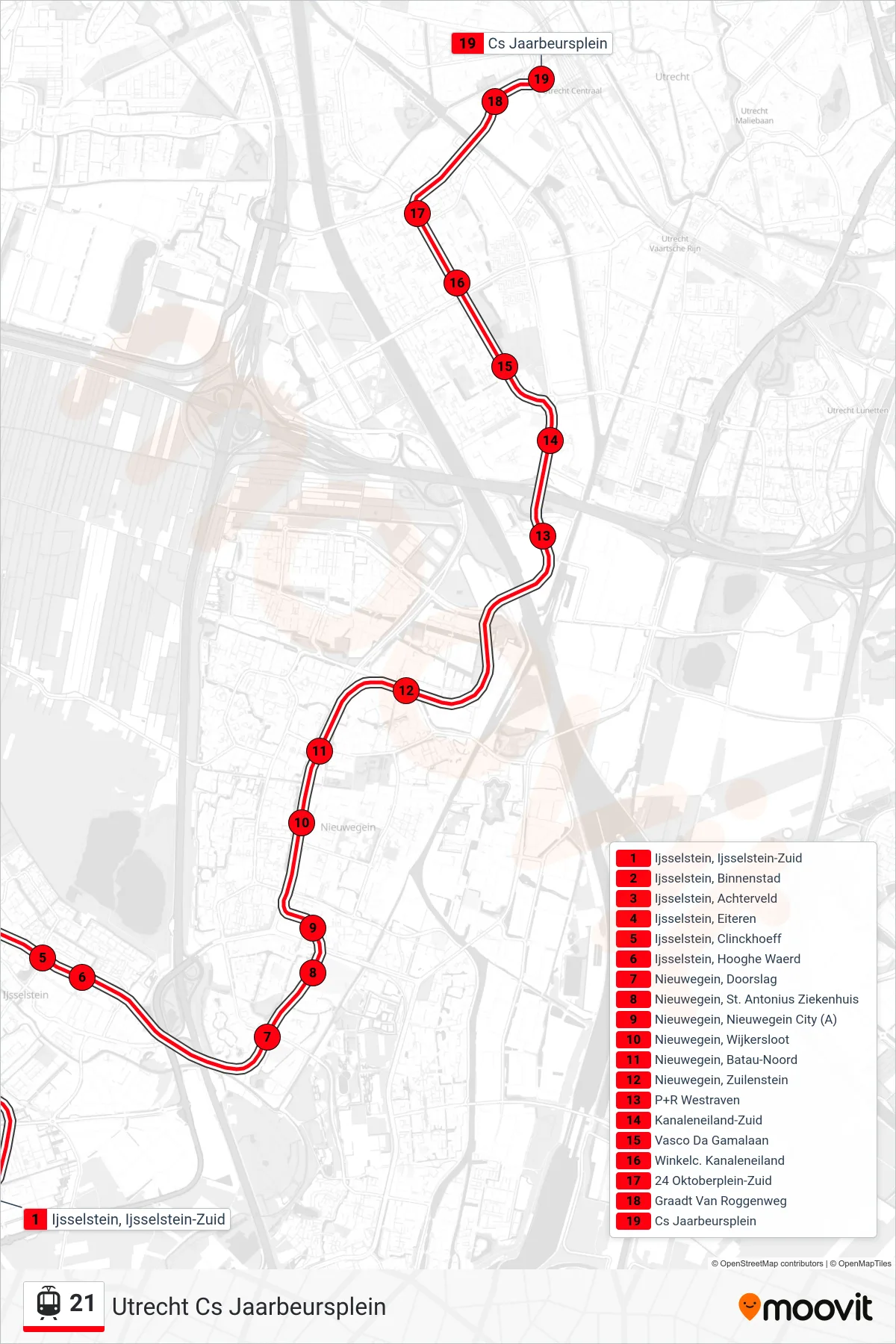 Lijn 21 (tram, Utrecht Cs Jaarbeursplein): route en haltes op de kaart