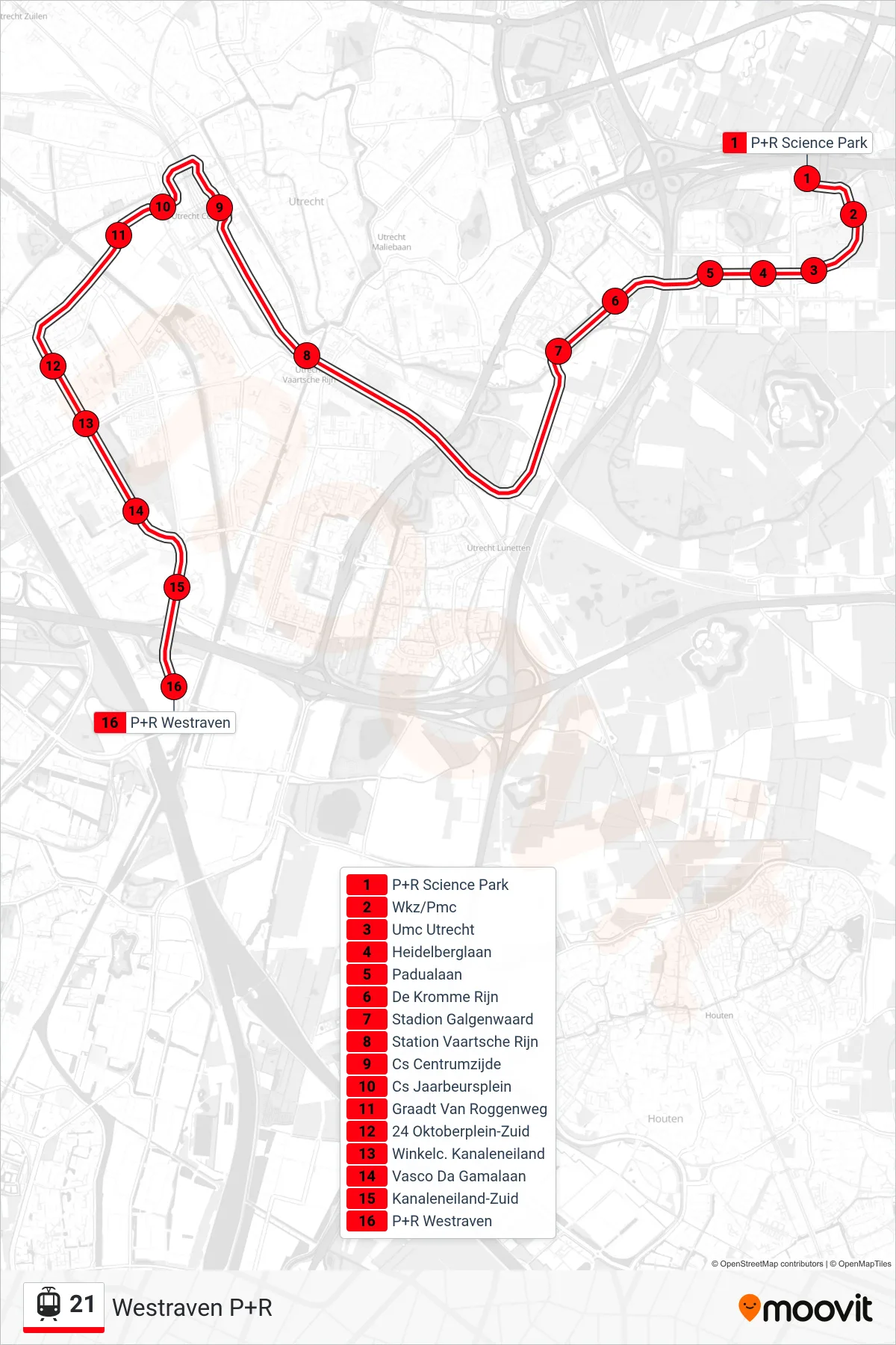 Lijn 21 (tram, Westraven P+R): route en haltes op de kaart