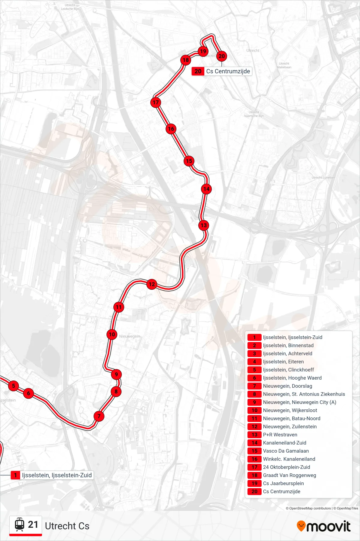 Lijn 21 (tram, Utrecht Cs): route en haltes op de kaart