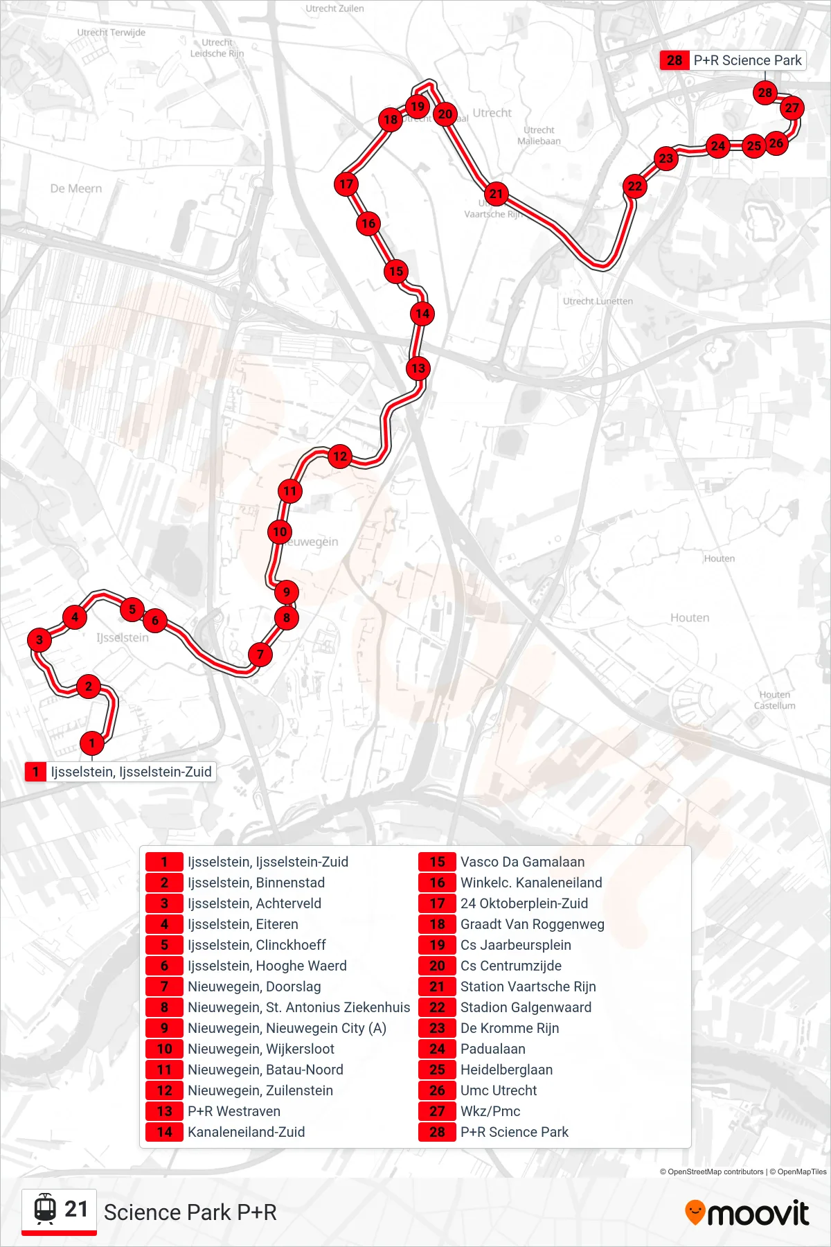 Lijn 21 (tram, Science Park P+R): route en haltes op de kaart