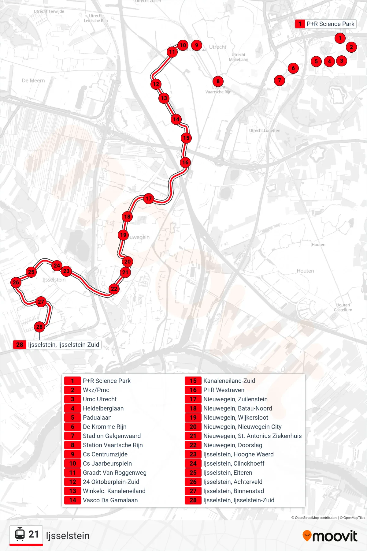 Lijn 21 (tram, Ijsselstein): route en haltes op de kaart