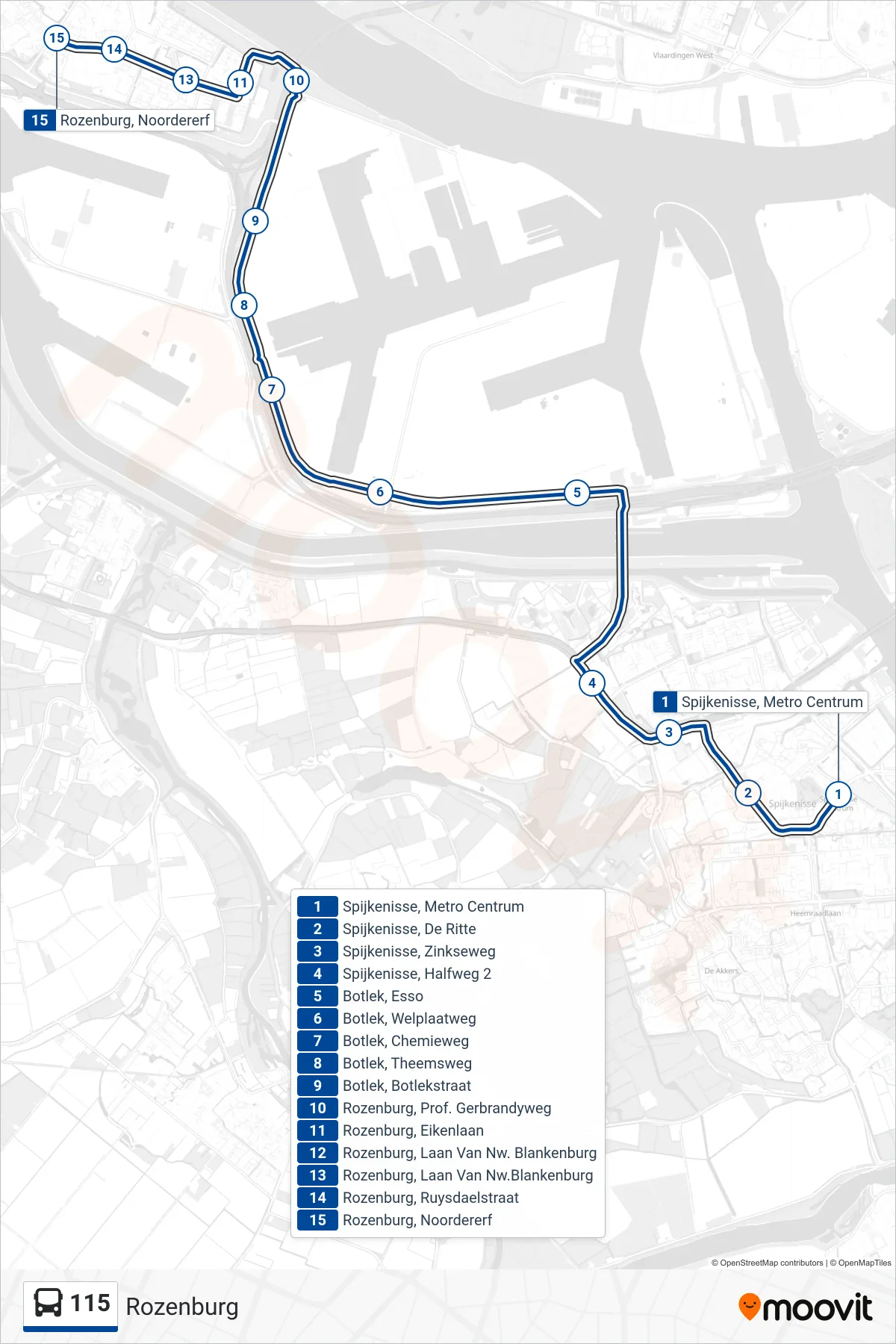 Lijn 115 (bus, Rozenburg): route en haltes op de kaart