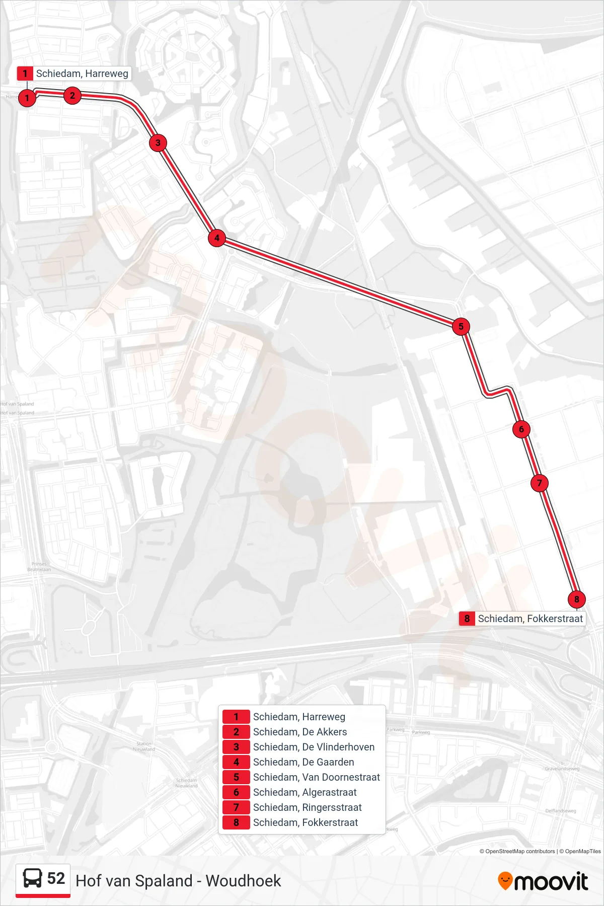Lijn 52 (bus, Station Schiedam Centrum): route en haltes op de kaart